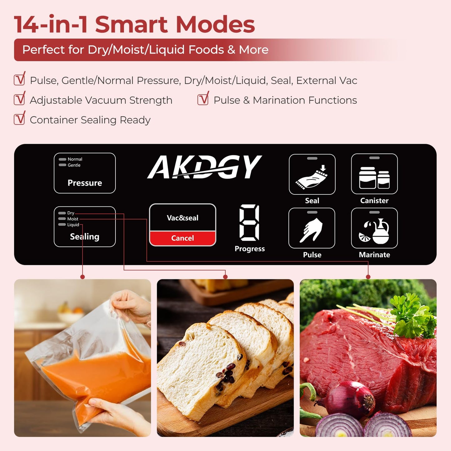 95Kpa Vacuum Sealer Machine，Upgraded Commercial Food Vacuum Sealer, 14-in-1 Functions & Double Heat Seal, Stainless Steel, Large Icons,130W Dual Pumps(25L/Min Suction), Widened Easy-Lock Handle