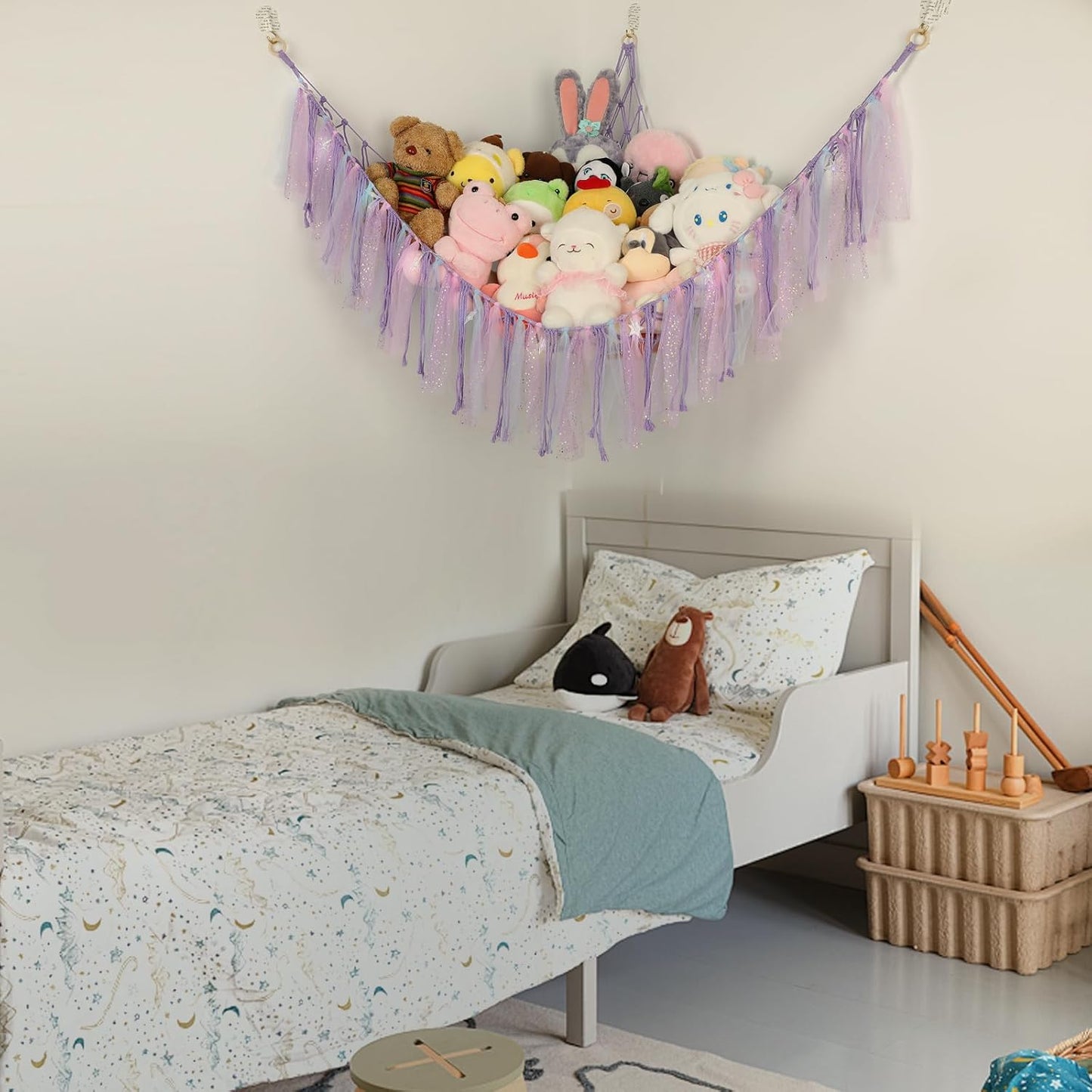 Skiennix Stuffed Animal Hammock with LED Lights - 59-Inch Plush Toy Storage Net for Kids' Rooms | Handwoven Purple Decor
