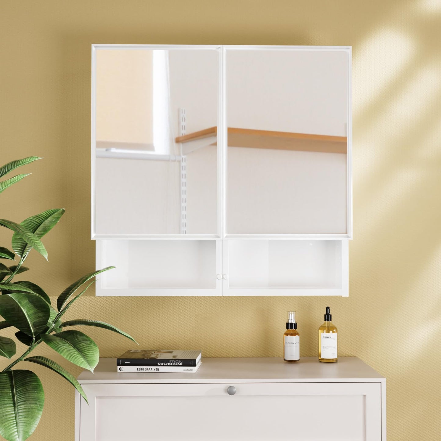HESONTH 32x26 Inch Bathroom Medicine Cabinet with Mirror, Double Door Wall Mounted Storage with Extra Drawers, Bevel Edge Mirror, Adjustable Shelves, for Recessed or Surface Mount Installation
