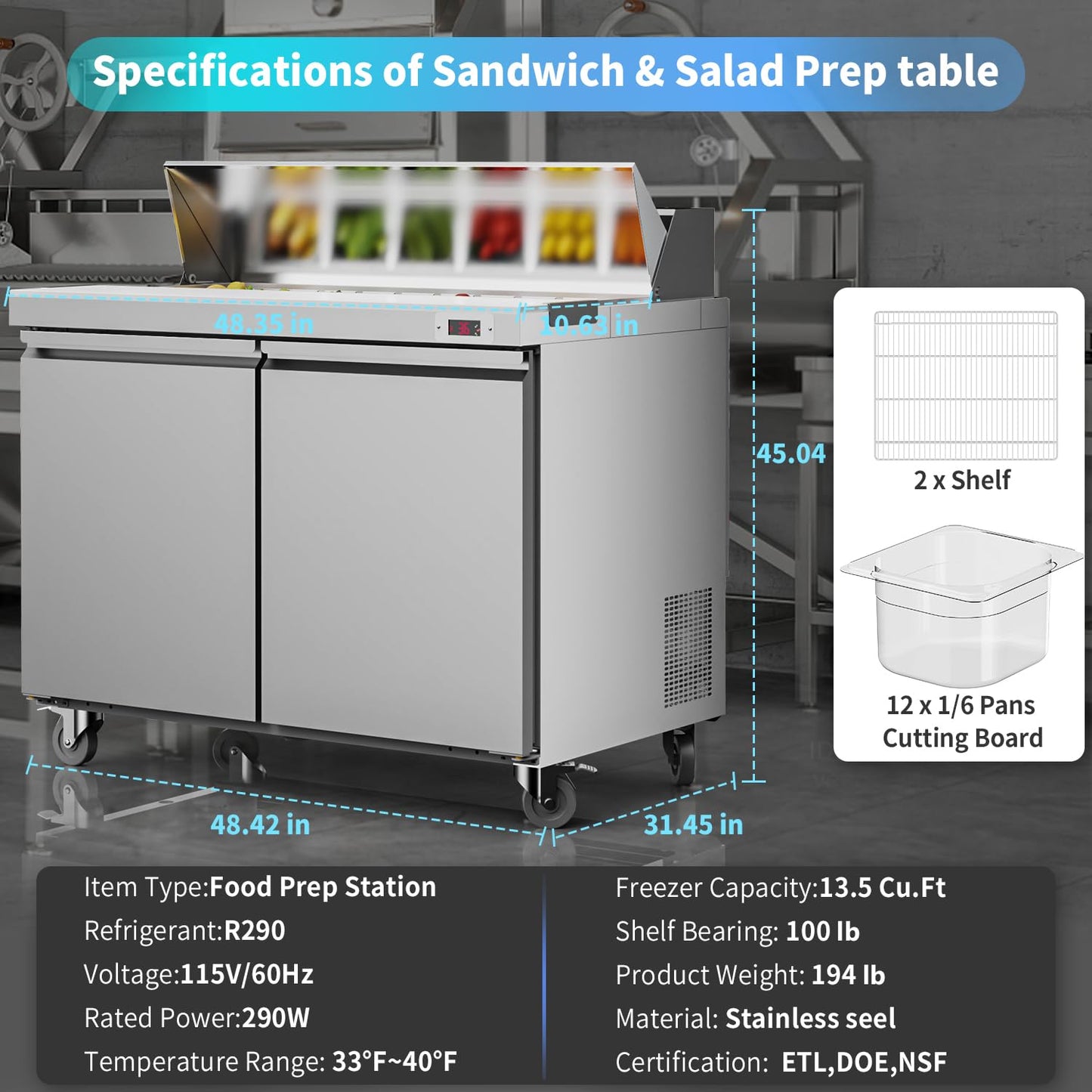 LCEKY 48" W Sandwich Salad Prep Table Refrigerator Commercial Refrigerator with 12 Pans Stainless Steel Fan Cooling Kitchen Equipment