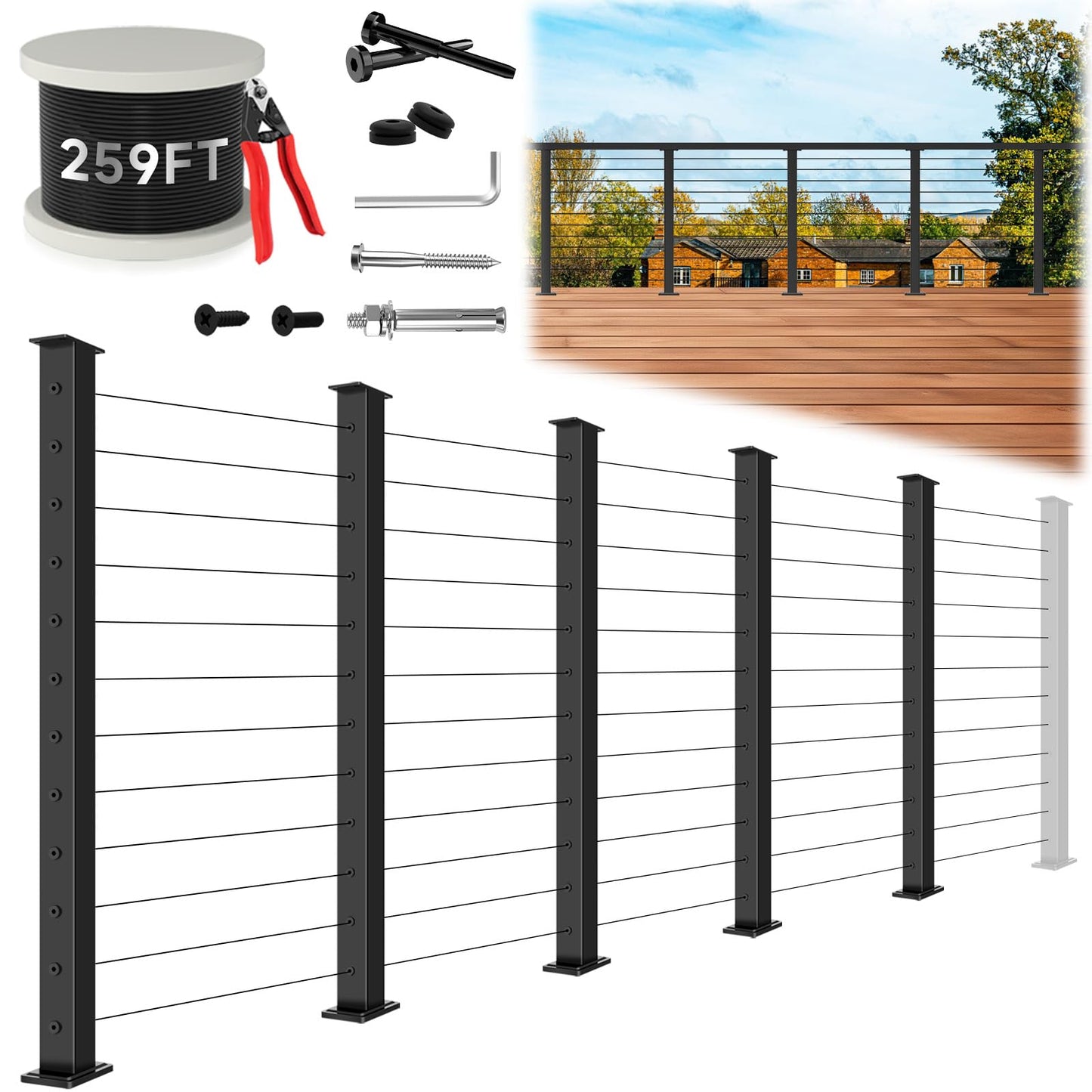 Zylorix 16ft-20ft Modular Cable Railing Post Kit 42" T304 Stainless Steel 5 Level Post Kit, Surface Mount Black Cable Railing System for Decks Length Adjustable Easy DIY, 259ft 1/8" Wire(No Handrail)