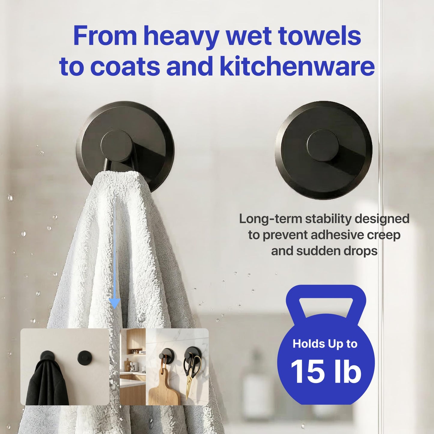 HOME SO Suction Cup Hooks for Shower & Bathroom Towel Holder 2-Pack – Suction Cups Hooks for Hanging Towels, Robes, & Coats - Tiles, Glass Door or Mirror – Shower Hooks & Towel Hooks Organizer - Black