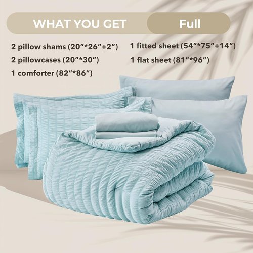 HYMOKEGE Comforter Set - Luxury 7-Piece Bedding in Lake Blue | All-Season Seersucker Design