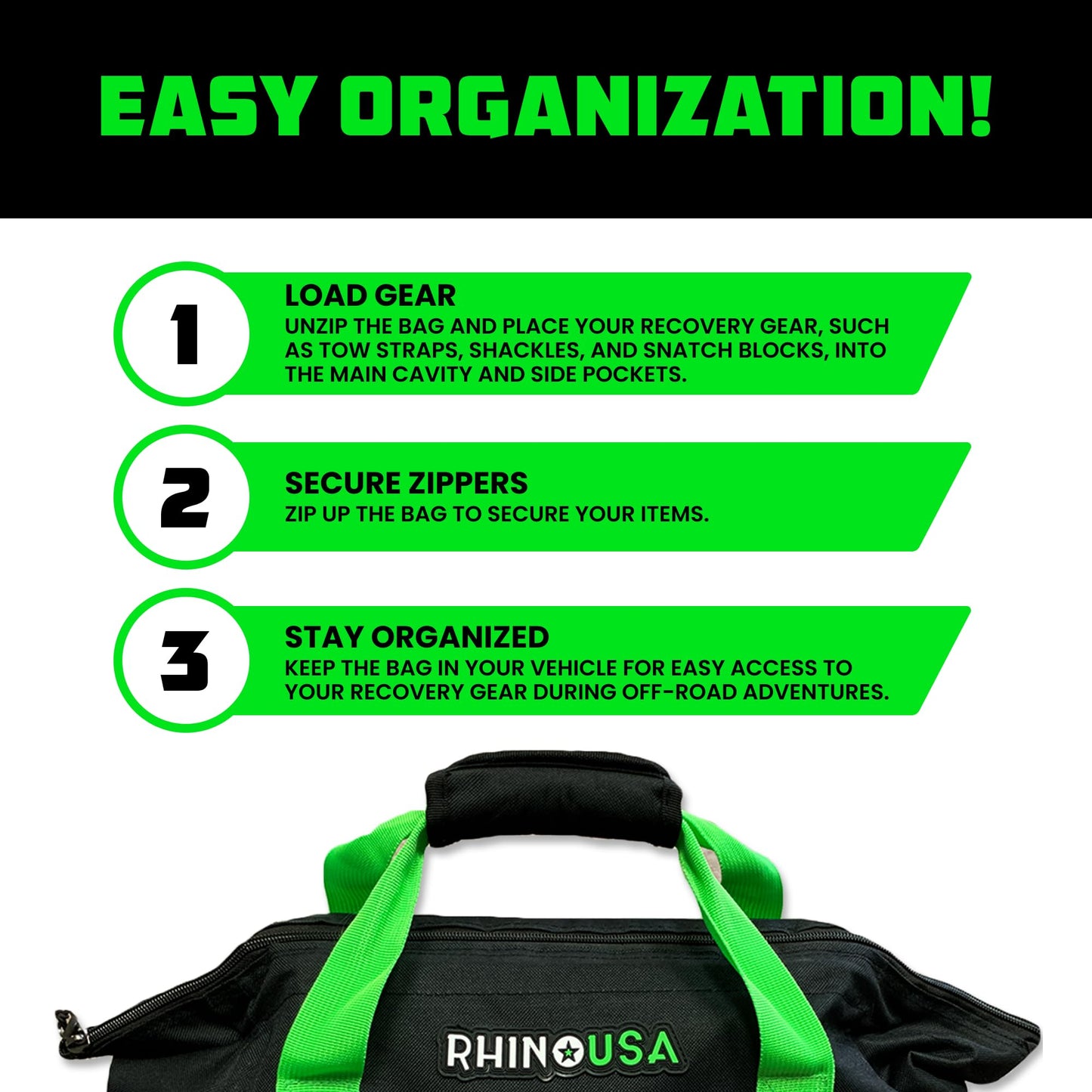 Rhino USA Heavy Duty Recovery Gear Storage Bag - Ultimate Recovery Kit Equipment Bag For Off-Road Gear and 4x4 Accessories - Fits Tow Straps, Shackles, Snatch Block, and UTV Accessories(Green)