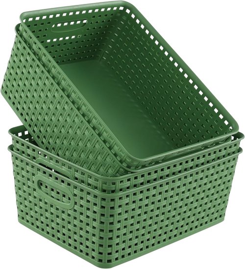 Medium Plastic Baskets - Woven Storage Organizers for Home | Set of 4