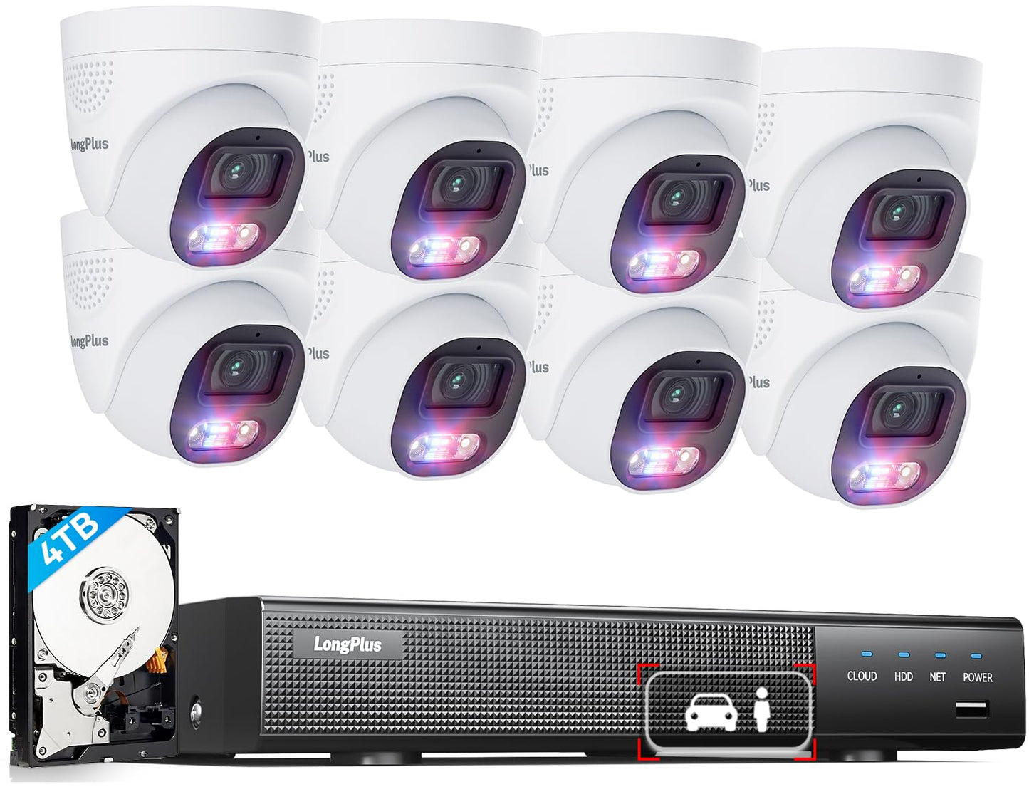 LongPlus 4K PoE Security Camera System, 12MP H.265+ 16CH NVR with 4TB HDD for 24-7 Recording, 8pcs Wired Home Security Camera System, Person Vehicle Detection, CCTV for Businesses Home, LP8MEF8D1