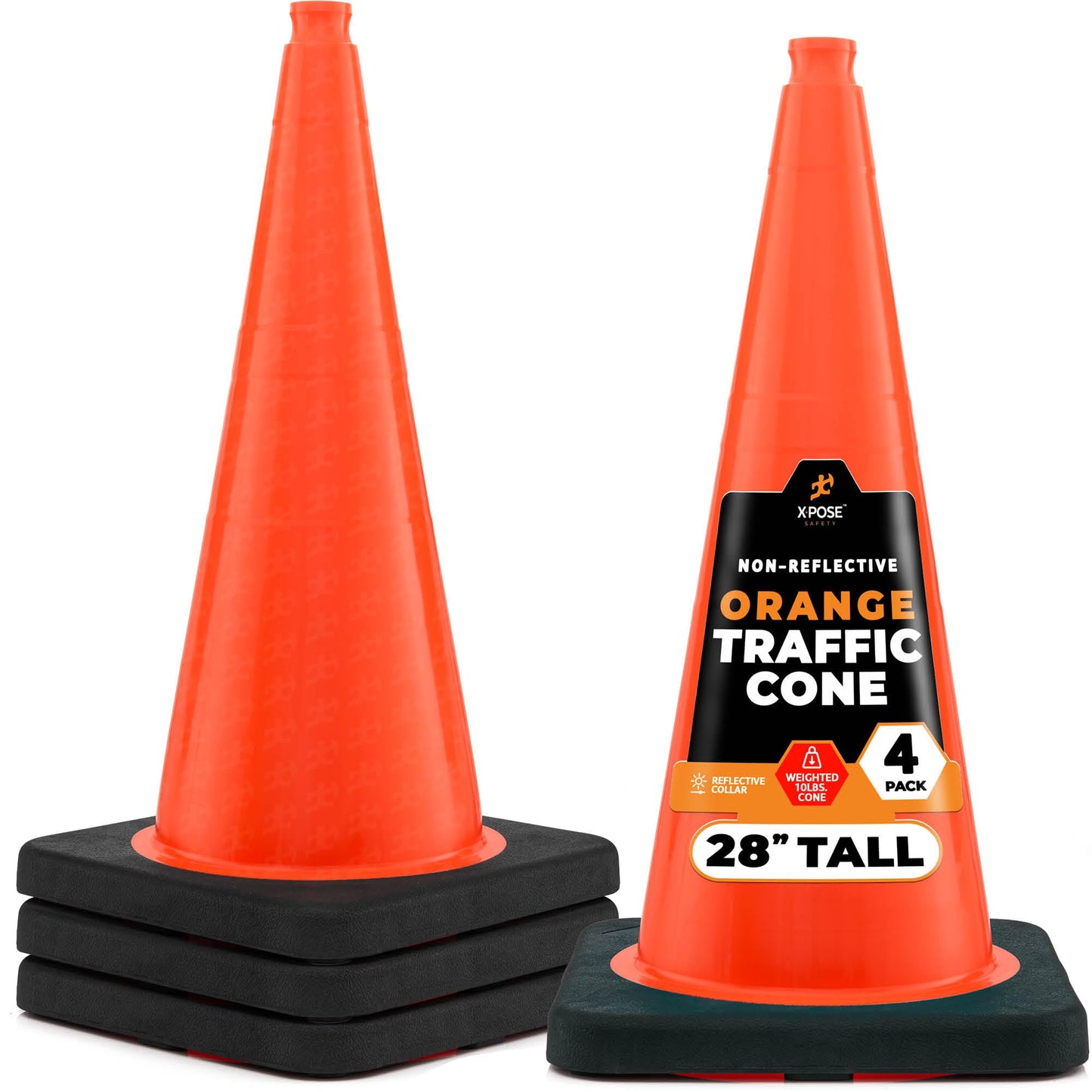 Xpose Safety 28" Orange Traffic Cones Heavy Duty 10lb, 4-Pack - Multipurpose PVC Plastic Safety Cone for Parking, Soccer, Caution, Kids and Construction - Custom Stenciling Available