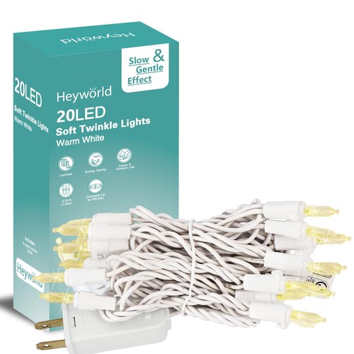 Heyworld Slow Twinkle Lights, 20 Led Soft Twinkling Mini Christmas String Lights on White Wire Cord, UL Approved 7 Ft,Connect Up to 100 Sets, Indoor Outdoor Use, Warm White