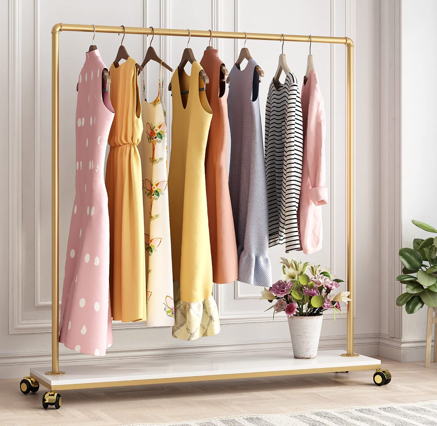 FONECHIN Gold Metal Clothing Rack with Wood Shelf, Heavy Duty Rolling Garment Rack with Wheels for Bedroom Retail Boutique Use (61L inches)