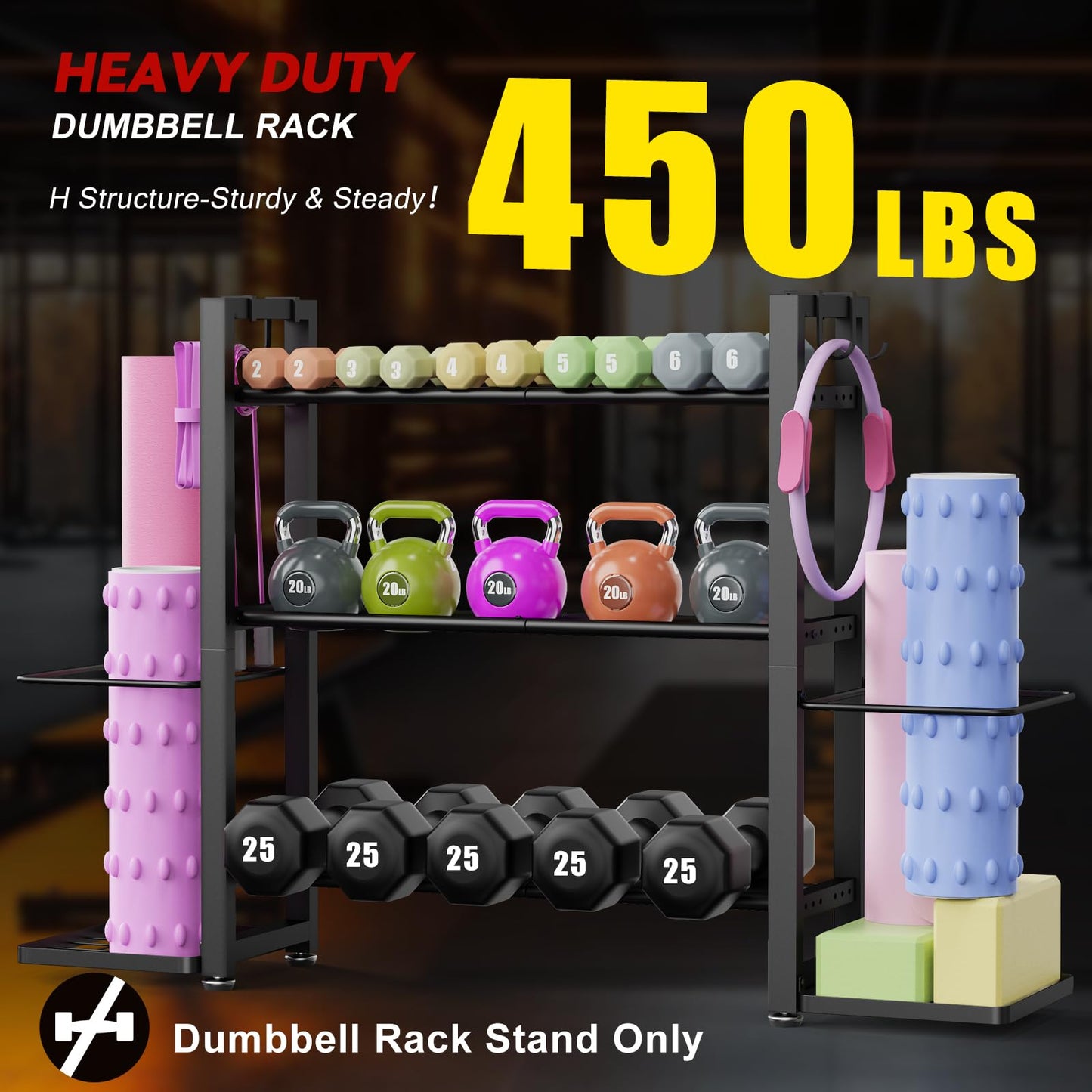 3-Tier Small Adjustable Dumbbell Rack, 450LBS Capacity Home Gym Weight Rack with Yoga Mat Holder & Hooks, Space Saving Workout Equipment Storage Organizer, Tool-free Assembly
