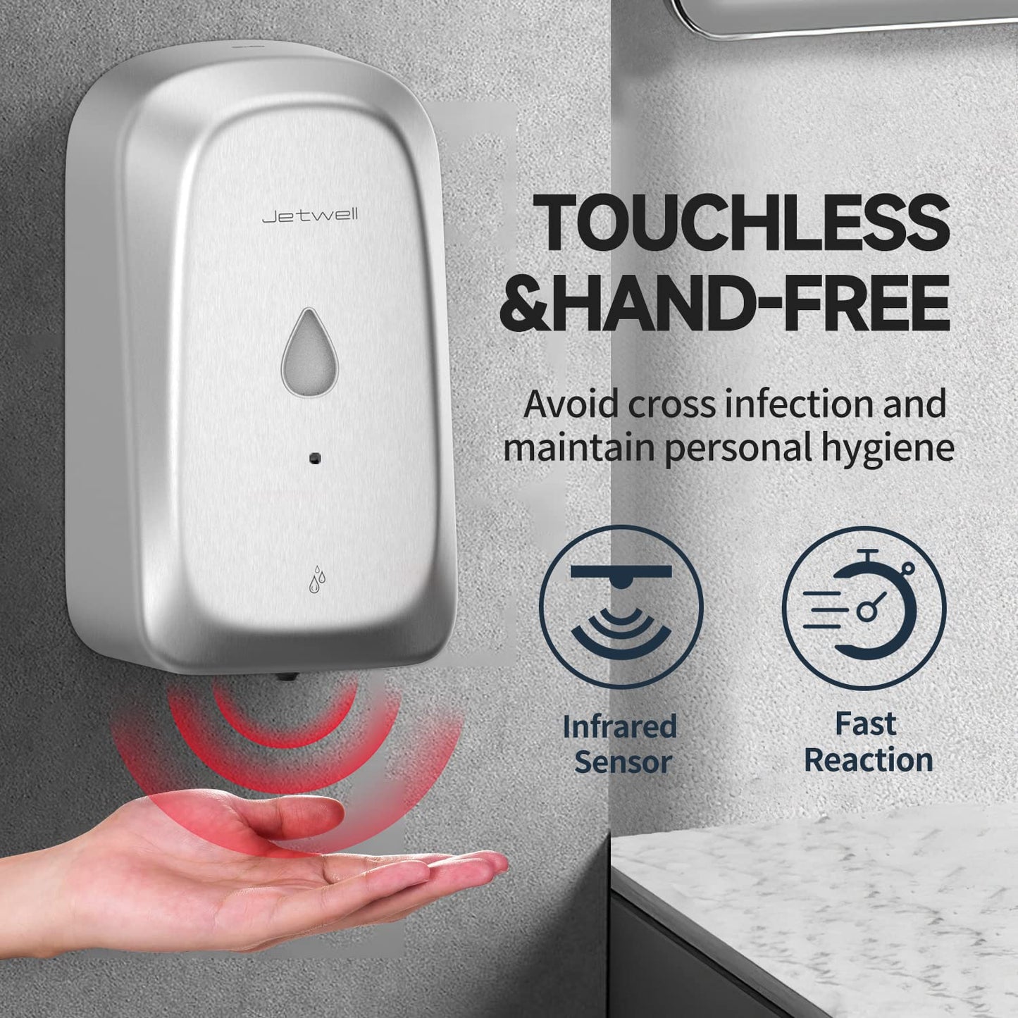 JETWELL Compact Commercial Black Stainless Steel Hand Dryer for Bathroom and Wall Mount Automatic Touch-Less Stainless Steel Hand Soap Dispenser- Automatic Hand Dryer and Wall Mount Soap Dispenser