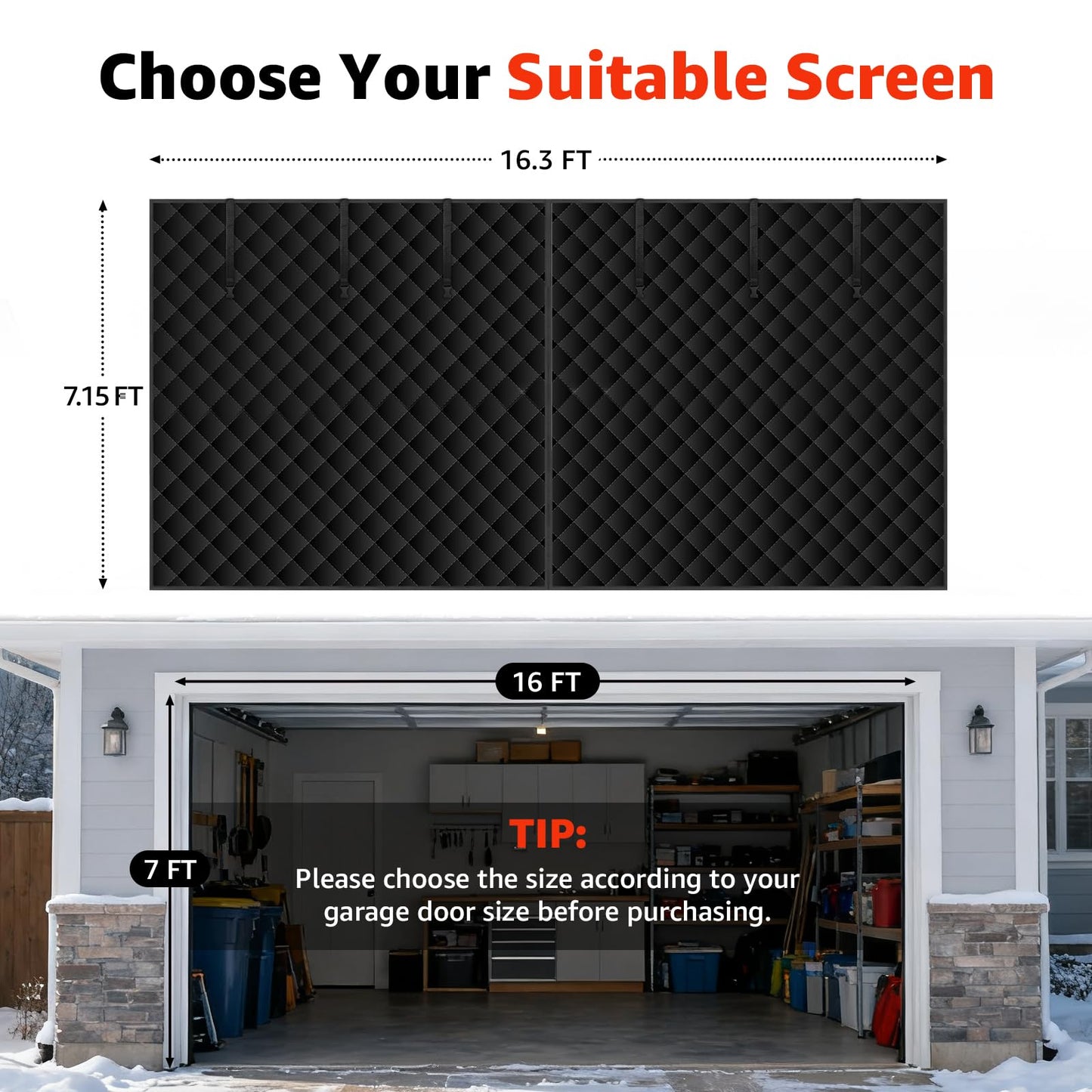 Oiyeefo Winter Garage Door Screen,16 x 7Ft Garage Door Insulation Kit 2 Car, Magnetic Thermal Insulated Garage Cover Curtain,Heavy Duty Garage Privacy Screen, Weatherproof Soundproof, Blackout