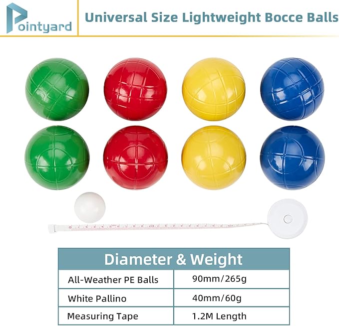 Pointyard 90mm Bocce Ball Set with 8 PE Balls, 1 Pallino, Carrying Bag, Measuring Tape - Family Game for Outdoor/Lawn/Beach/Park