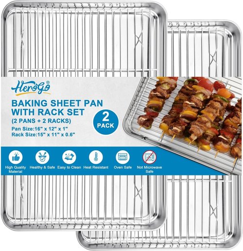 Herogo Stainless Steel Baking Sheet Set - 2 Pans & 2 Racks, 16" x 12" | Non-Toxic, Heavy Duty & Easy Clean
