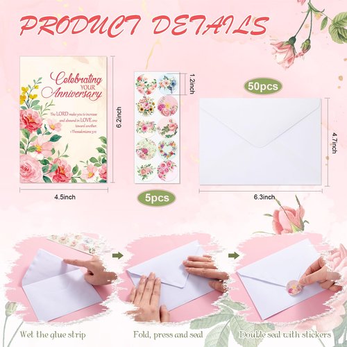Motiskyy 50 Pack Christian Anniversary Cards with Envelopes and Stickers Religious Anniversary Faith Based Blessings Greeting Cards Bulk for Couples Churches Wife Wedding Celebrating Moments