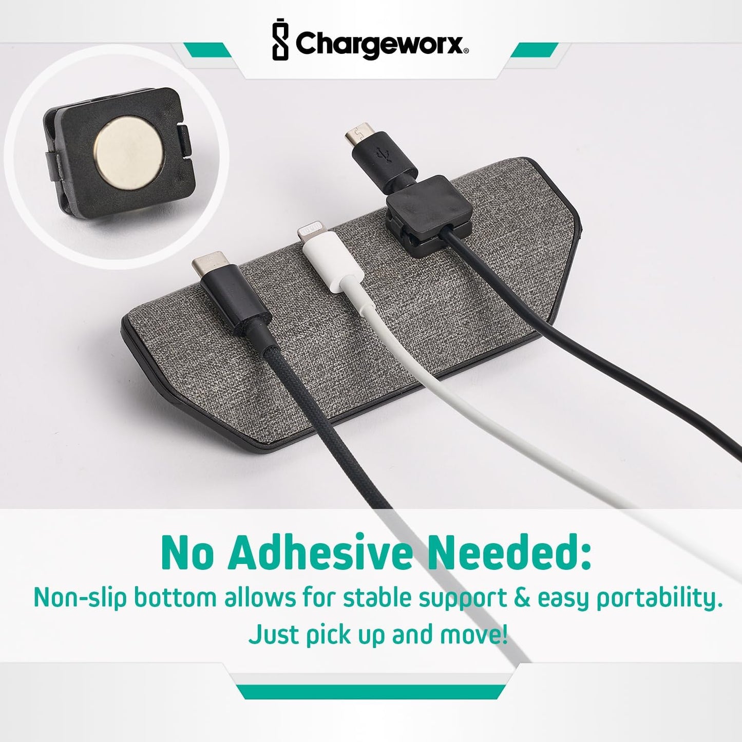 CHARGEWORX 3 Magnetic Cable Organizer Weighted Non-Adhesive Cord Holder with Magnetic Clips for USB-C, Lightning