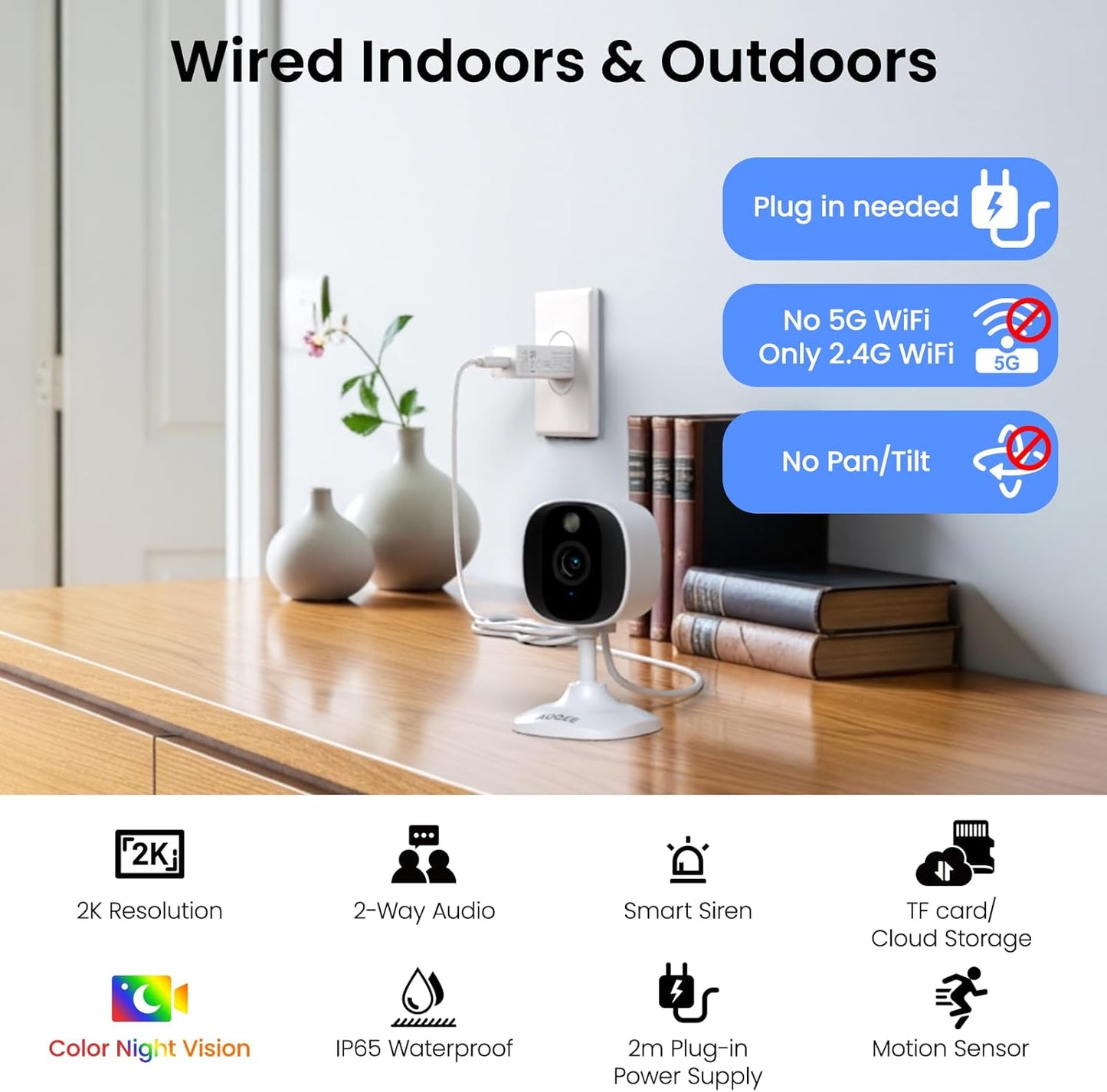 AOQEE 2K 24/7 (C1-White-3pack-2.4G) Cameras for Home Security-Outdoor/Indoor Camera for Dog/Cat/Pet/Nanny/Baby/Elderly