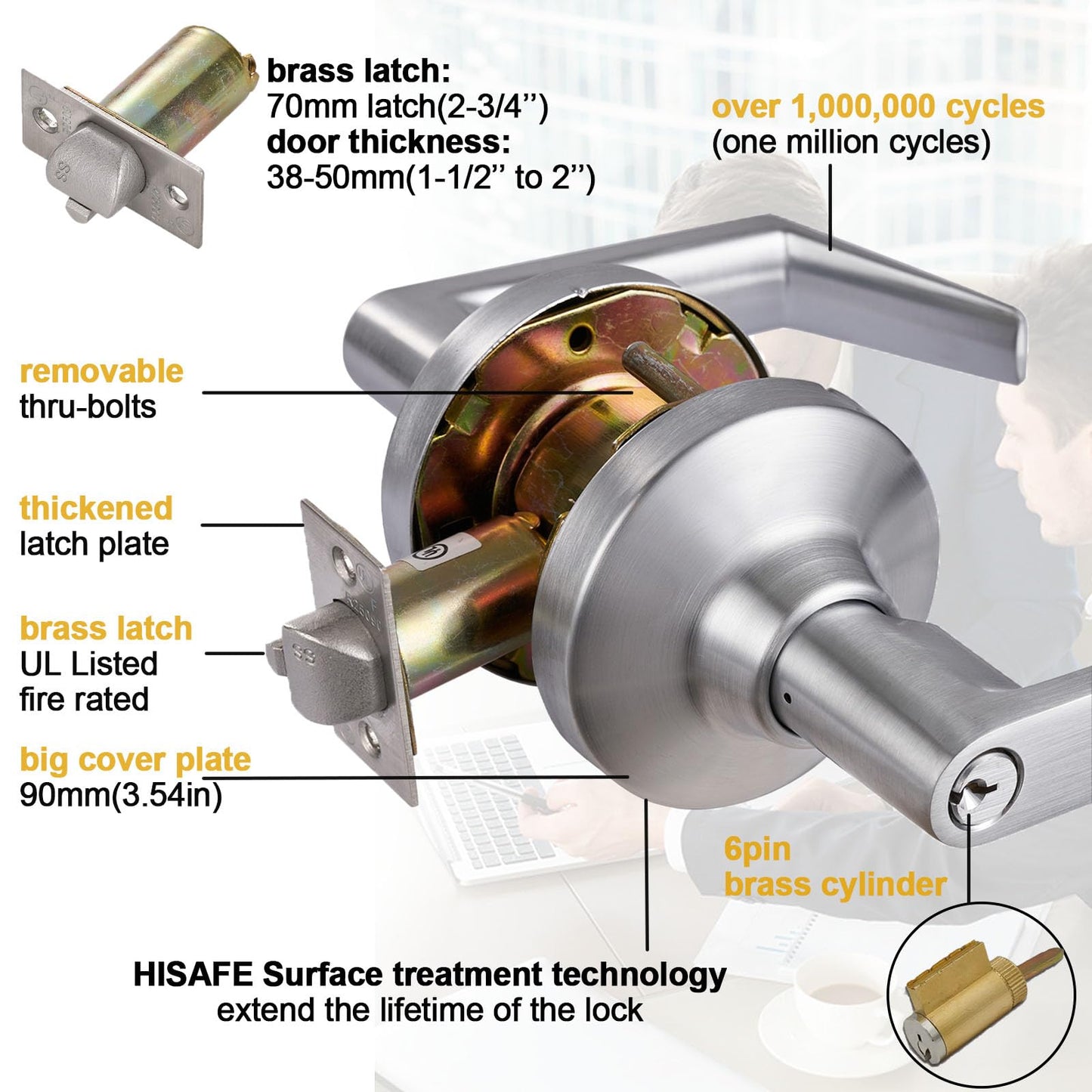 HISAFE Keyed Entry Grade 1 Commercial Door Locks Heavy Duty Office Door Lever, Non-Handed, UL 3 Hour Fire Rated, ADA Compliant, Brass Latch, 2-3/4''Backset, Satin Chrome 26D