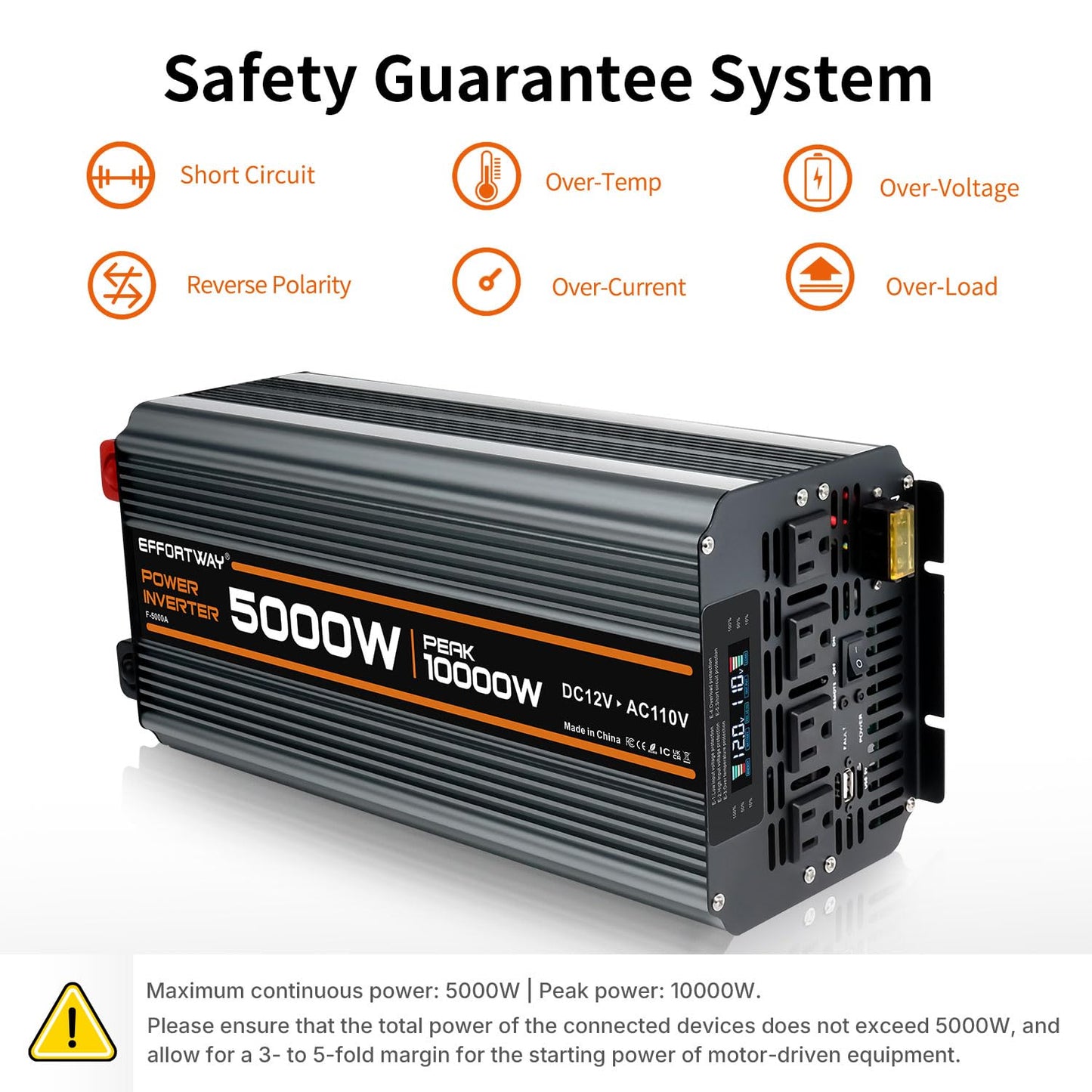 5000 watt Power Inverter DC 12V to AC 110V/120V Converter,10000w Peak.Comes with LCD Display,Wireless Controller, 4AC outlets,1USB.RV Inverter,Suitable for Camping,and Off-Grid Solar Inverter Systems