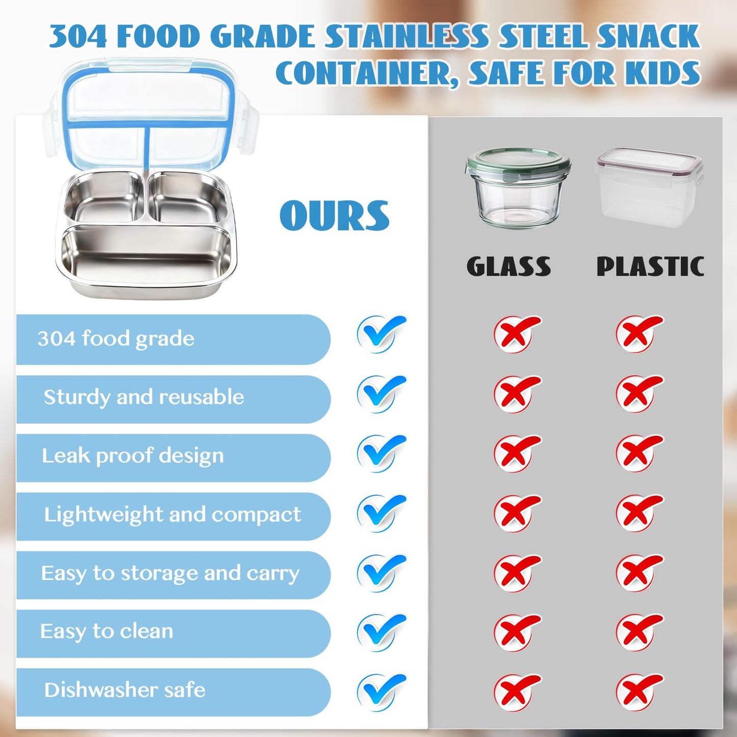 DOCMON Stainless Steel Snack Containers, 3 Compartments Reusable on and go Bento Box with Lids for Kids, Lunch Box Pre Meal Storage for School Office Outdoor Camping Travel - Blue