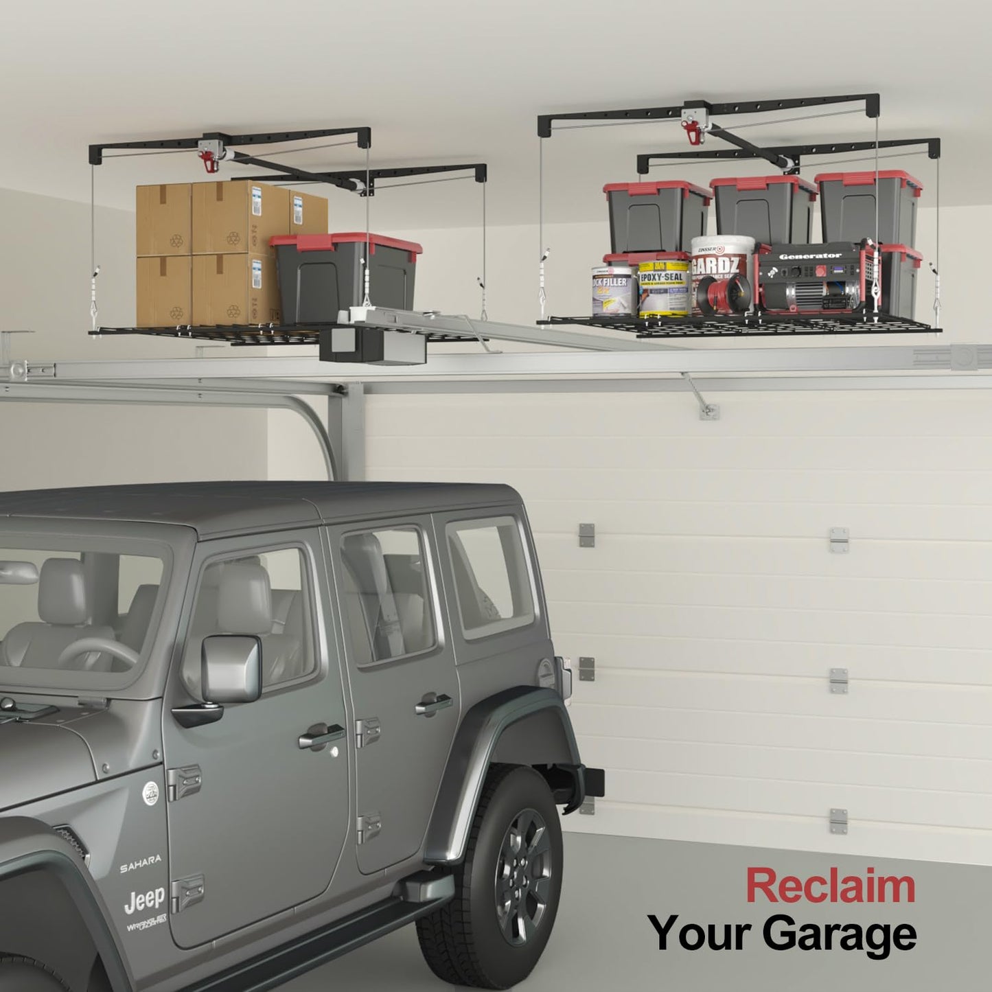 Overhead Garage Storage Rack for 8-10 FT Ceiling, 4x4 FT Ceiling Storage Racks with Safety Lock, Ideal for Garage Storage Mounted Lift System and Storage Organizer, 250lbs Capacity
