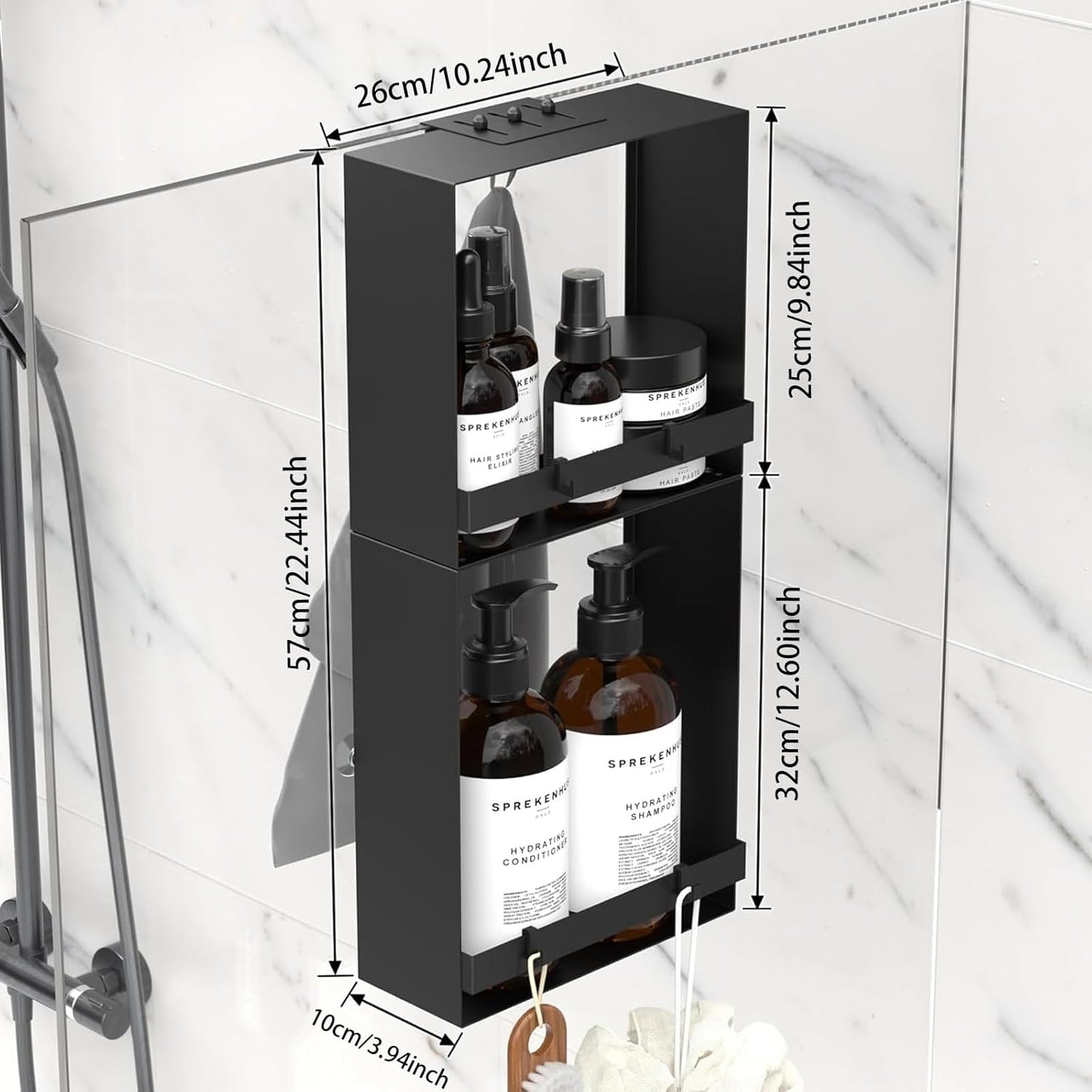 Skiennix Over The Glass Shower Caddy - 2-Tier Rustproof Stainless Steel Organizer with Hooks & Suction Cups | Black