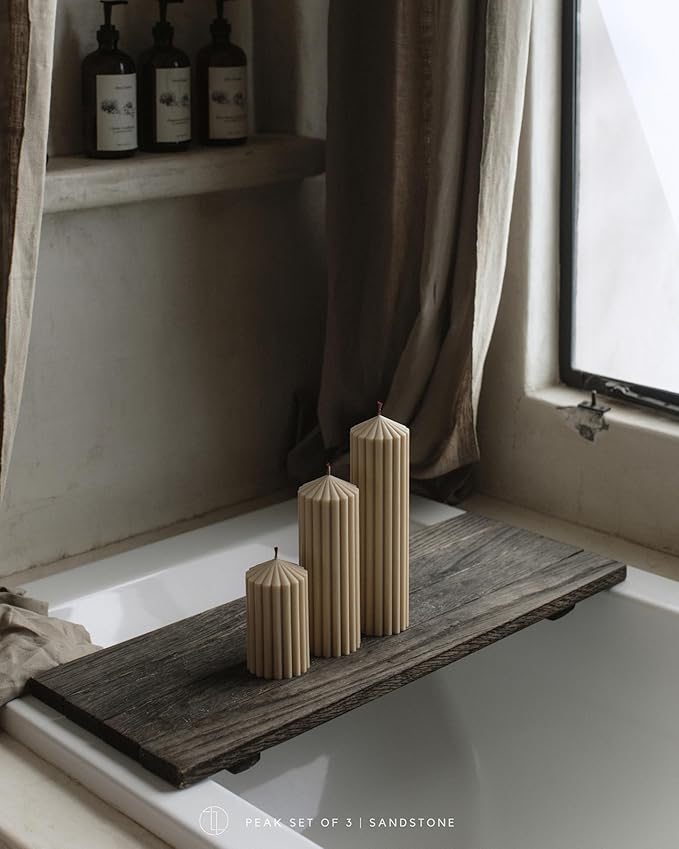 LAWA Ribbed Peak Pillar Candle - Large Beautiful Handmade Pillar Scented Soy Wax Candle Elegant Bubble Aesthetic Candle Housewarming Gift Home Room Shelf Decor Idea White (Set of 3, Sandstone)