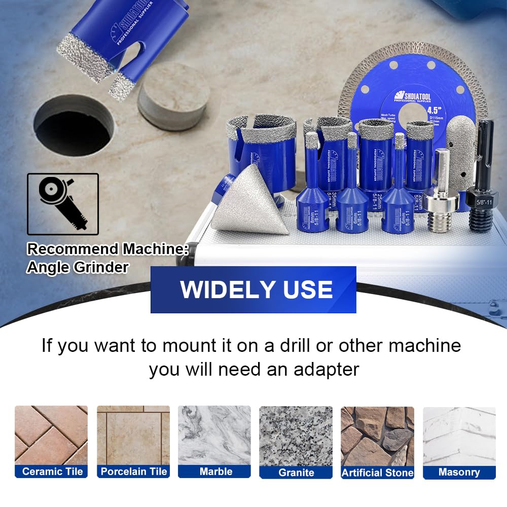 SHDIATOOL Diamond Tile Drill Bits Kit 12pcs, Porcelain Hole Saw Sets, Core Bits Cutter for Drilling Ceramic Marble Granite (6/6/8/20/25/35/50/20MM/2/SDS/HEX/4.5“)