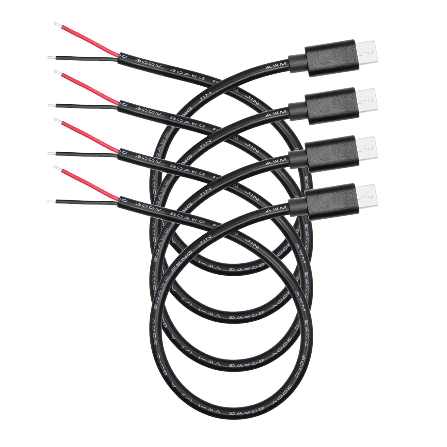 2 11inch, 5V/5A 2 20AWG, 4Pcs USB C to Pin Bare Wire Open End Power Cable USB Type C Male Plug Pin Pigtail Cable