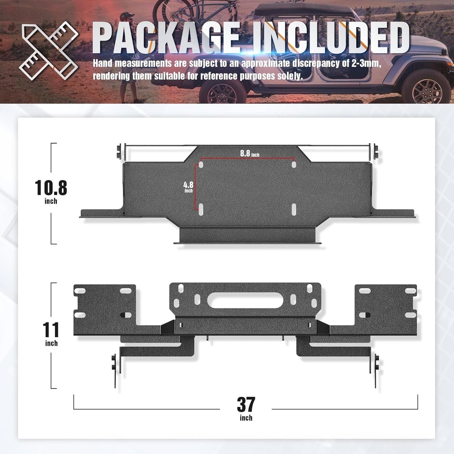 YZONA Winch Mounting Plate Compatible with 2018–2026 Jeep Wrangler JL JLU 10th Anniversary Style, Fits 10" x 4.5" Winch Bolt Pattern, Heavy-Duty Steel Bracket, 12000lb Towing Capacity, Black