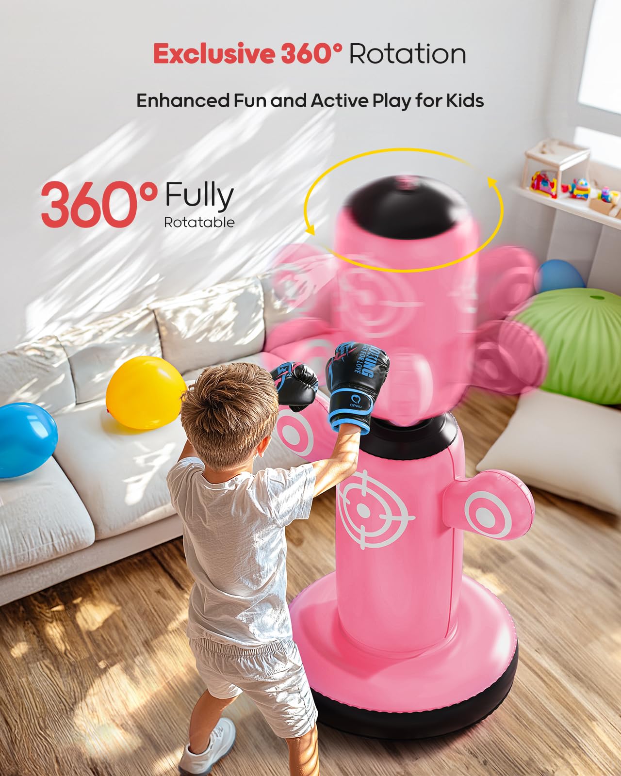 QPAU 360° Rotatable Punching Bag for Kids, Lager 64” Kids Punching Bag with Gloves, Hand Pump & 6 Targets, Bop Bag Inflatable Punching Toy, Karate Gifts for Boys, Girls (Pink)