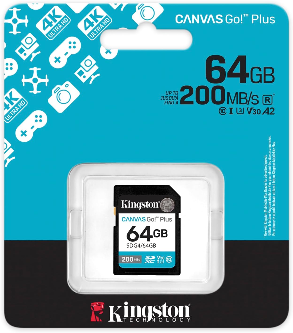 Kingston 64GB 200MB/s 10, U3, V30 SDG4/64GB Canvas Go Plus SD Card | Up to | Class UHS-I, |