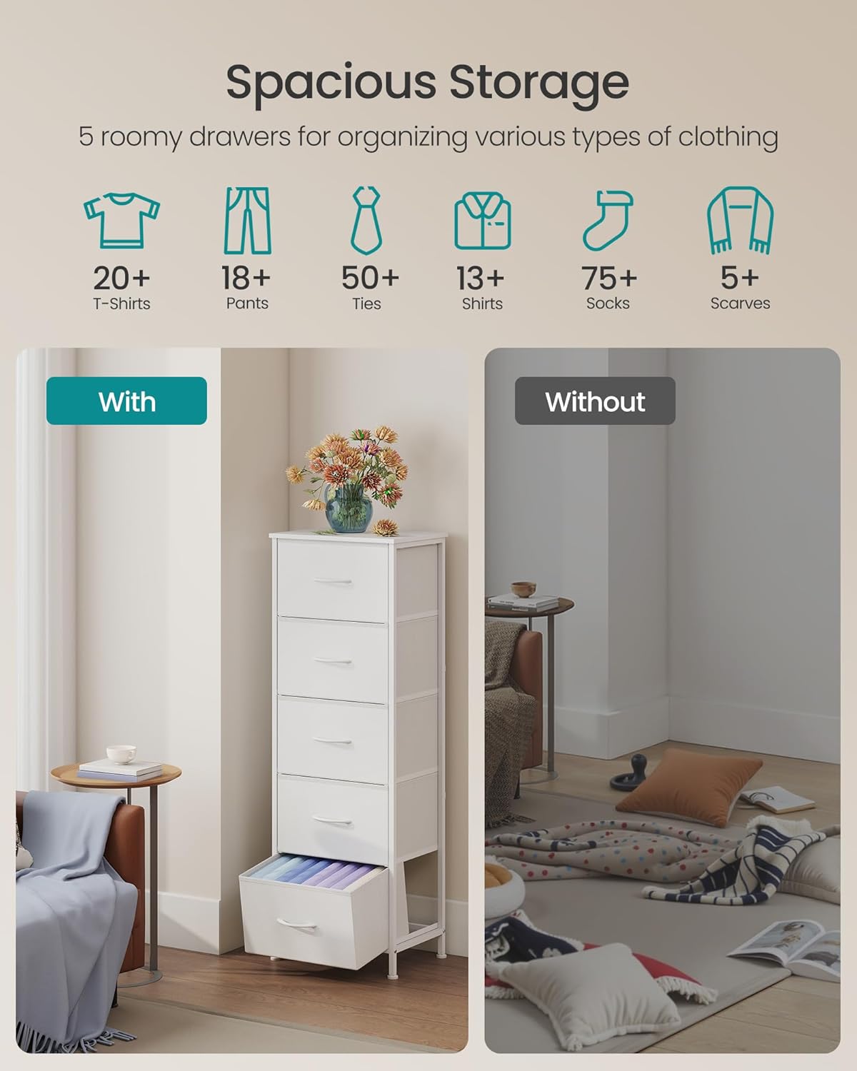 SONGMICS Dresser - Stylish Chest of Drawers with 5 Non-Woven Fabric Bins | Cloud White & Snow White