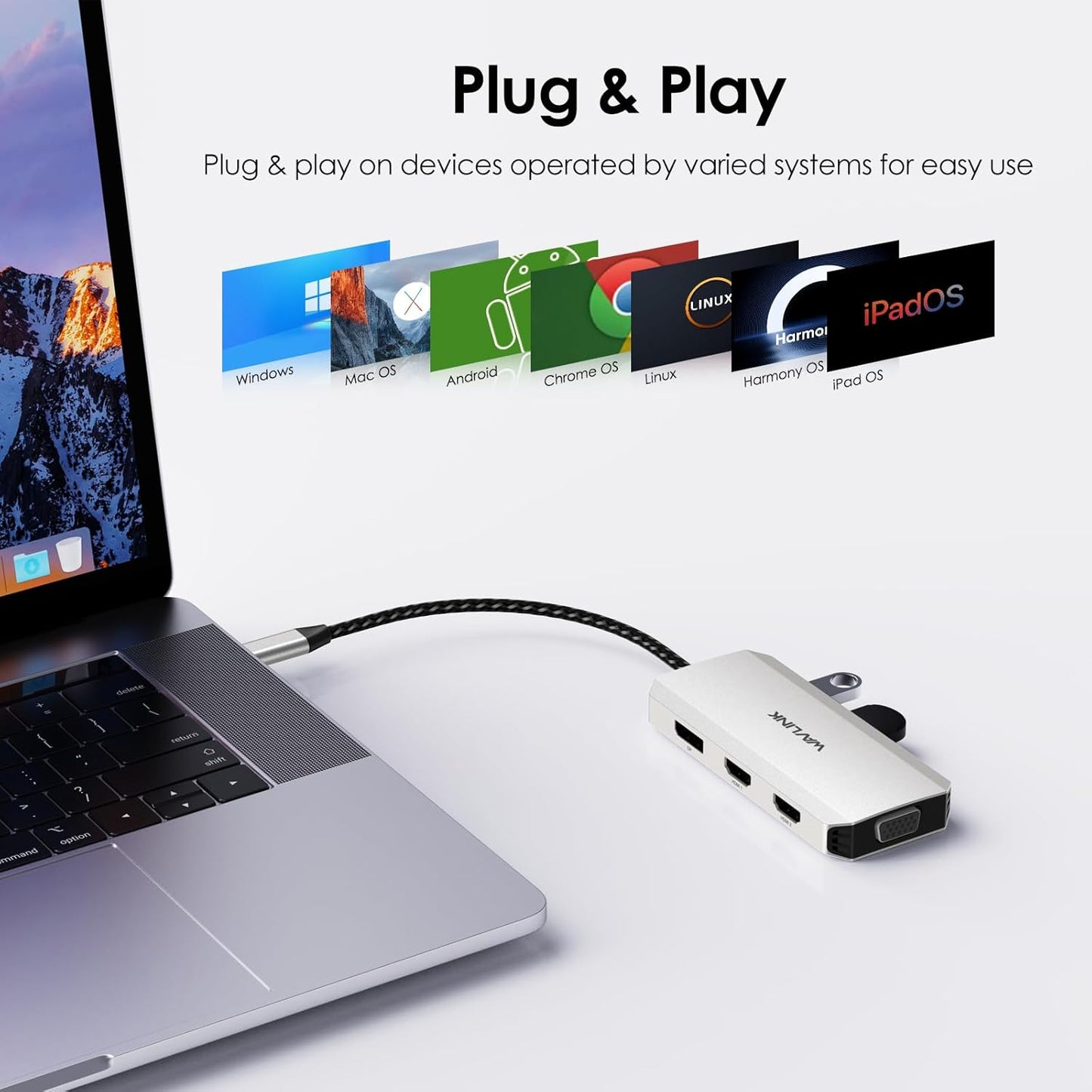 WAVLINK HDMI,DP,VGA,3* USB-A2.0 USB C Docking Station, Docking Station Quad Monitors with Dual for Wireless