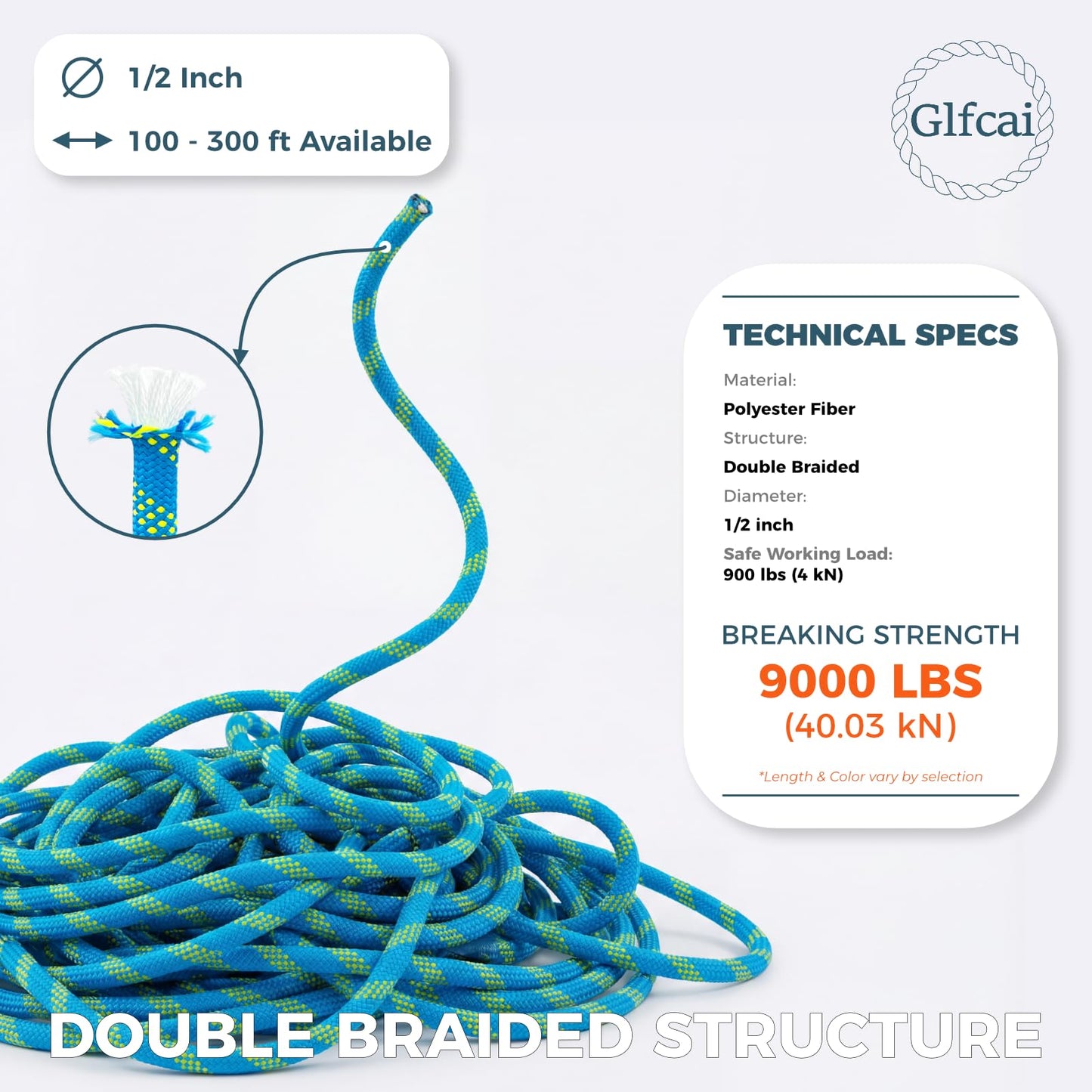 Glfcai 1/2 Inch Arborist Rigging Rope (150 Ft) - ASTM F2116 Certified (9,000 lbs MBS / 900 lbs SWL) - Static Polyester Bull Rope for Tree Climbing, Nautical Rigging & Swings (Black)