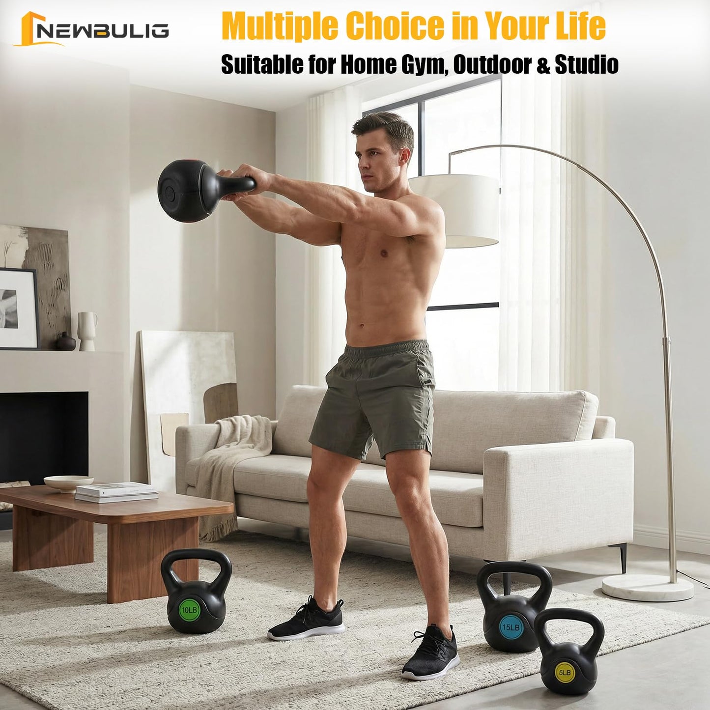 NEWBULIG Hard Kettlebell Set, Strength Training Kettlebells, Fitness Equipment, Durable Concrete Core, HDPE Shell, Multi-Level Workout Equipment for Home Gym & Outdoor, 5 lb, 10 lb, 15 lb & 20 lb