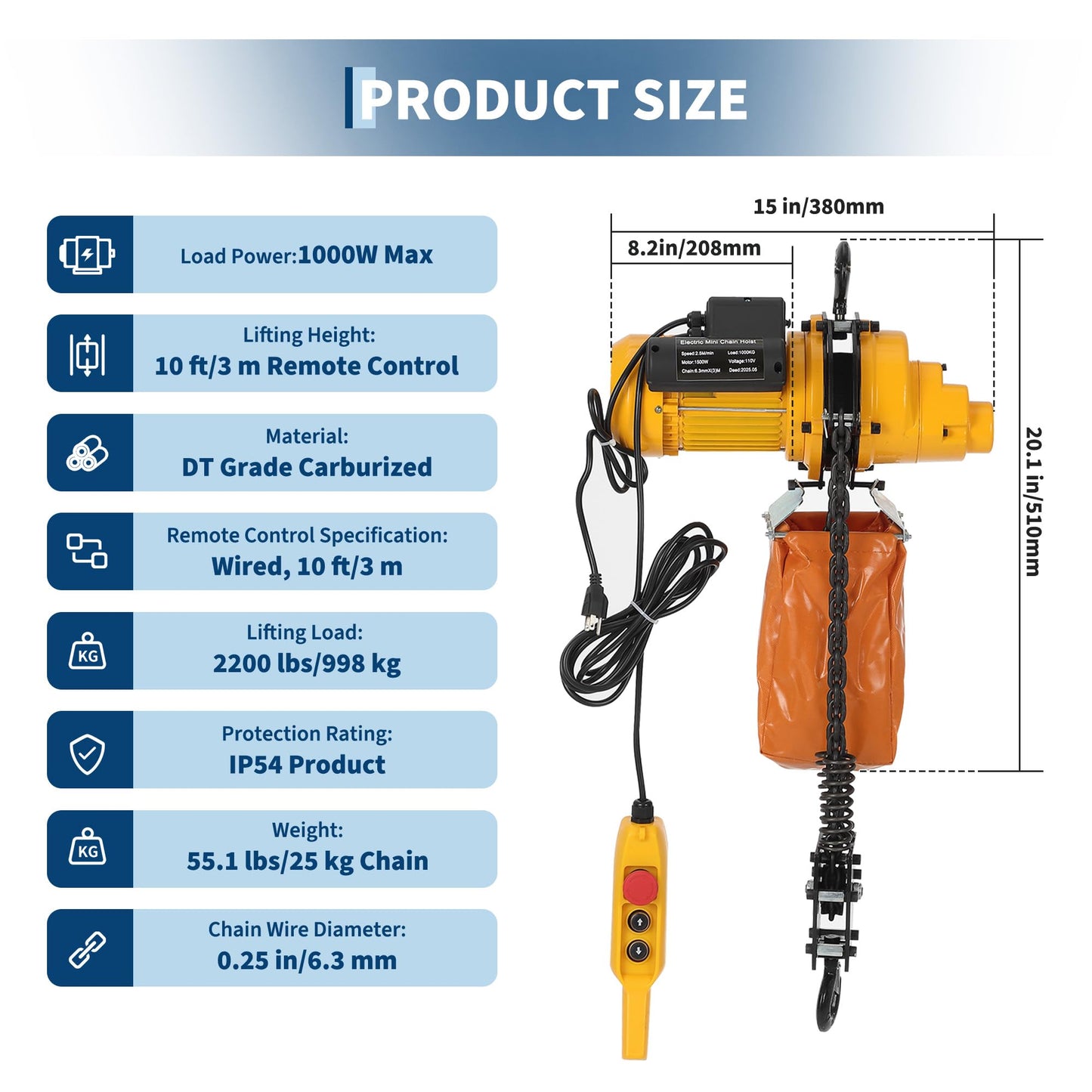 1100 lbs Electric Chain Hoist, 15 FT Lift Height, 120V Single Phase Electric Hoist, G100 Chain Fall, 10 FT Remote, Engine Lifter for Garage, Shop, Home, Overhead Chain Crane