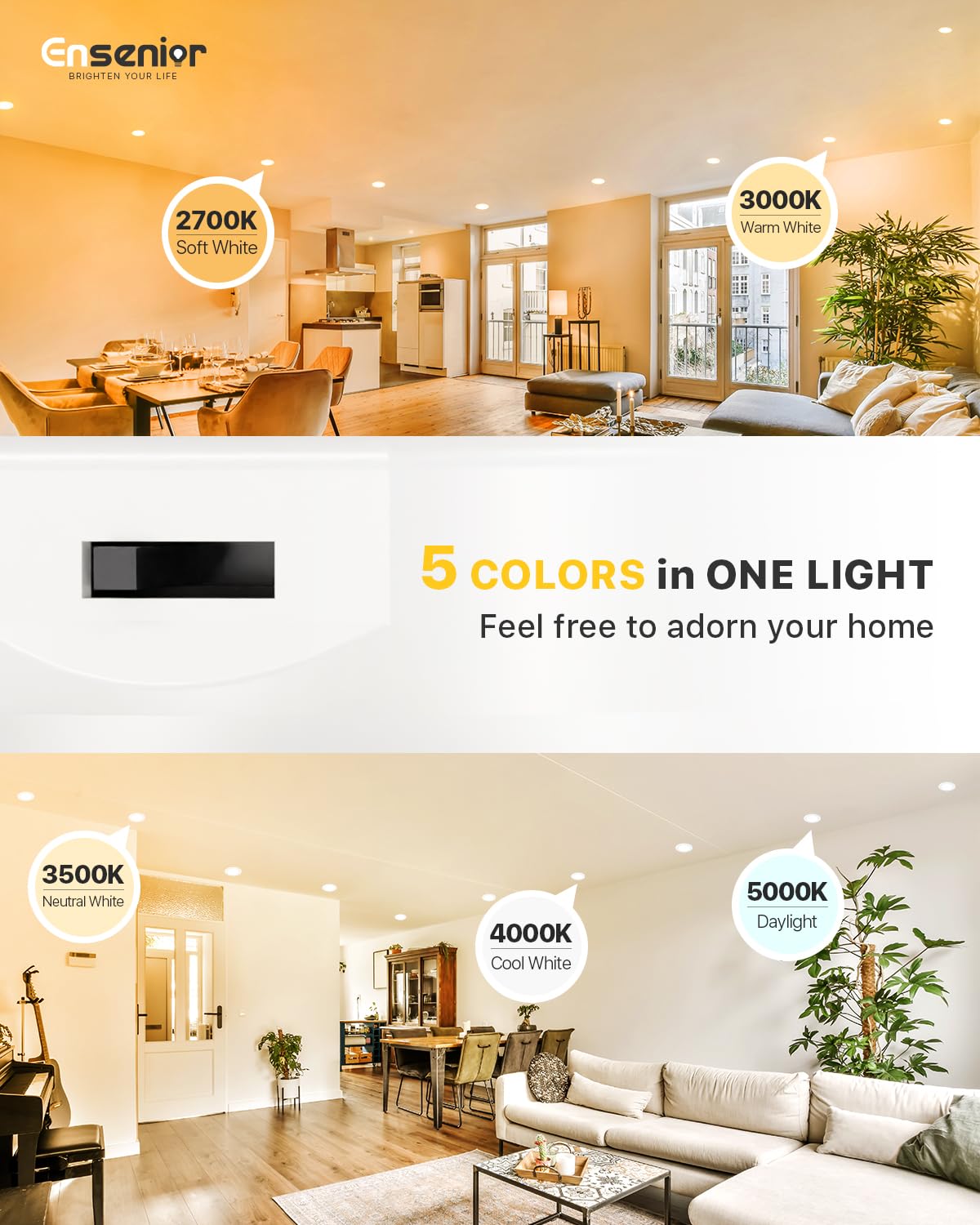 Ensenior 4 Inch LED Can Lights, 6 Pack, Dimmable, 5CCT Color Temperature (2700K-5000K), IC & Damp Rated, Model XY4