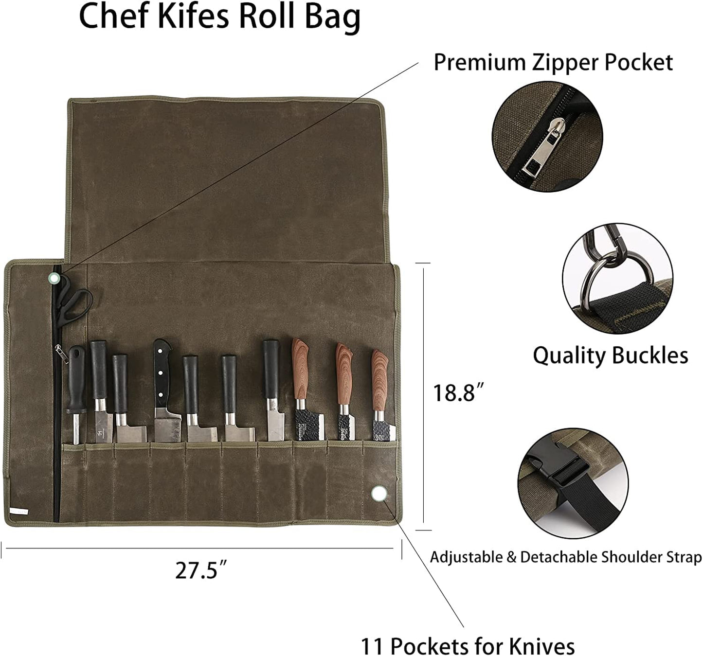 Chef’s Knife Roll Bag,Waxed Canvas Knife Cultery Carrier,Portable Chef Knife Cases,Knife Pouch Holders With 10 Slots Plus 1 Zipper Pockets Can Hold Home Kitchen Knife Tools Up To 18.8”