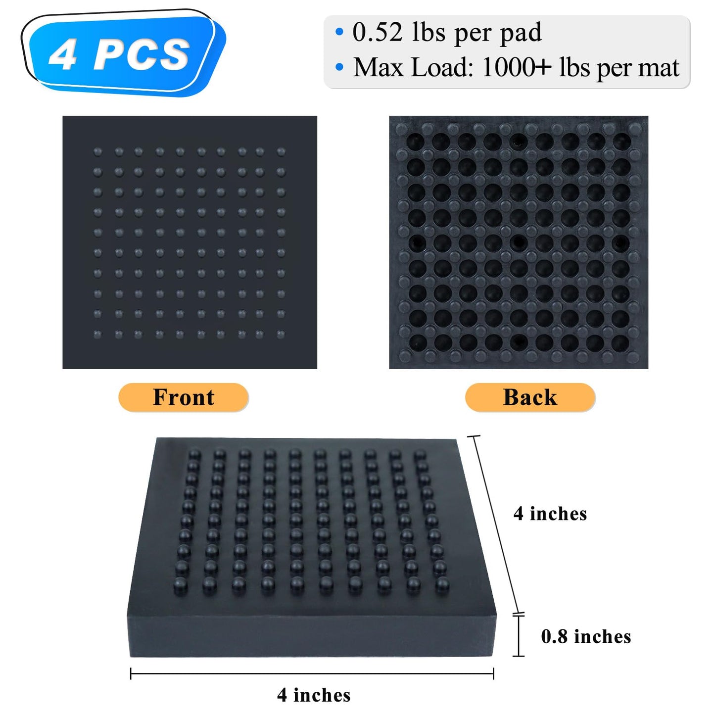 BXI Exercise Equipment Mat Heavy Duty - 4 x 4 x 0.8 Inches 4 Pcs Non Slip Noise Reduction Anti Vibration Treadmill Stationary Bike Mats, Thick Steel Embedded Rubber Pad for Hardwood Floors & Carpet