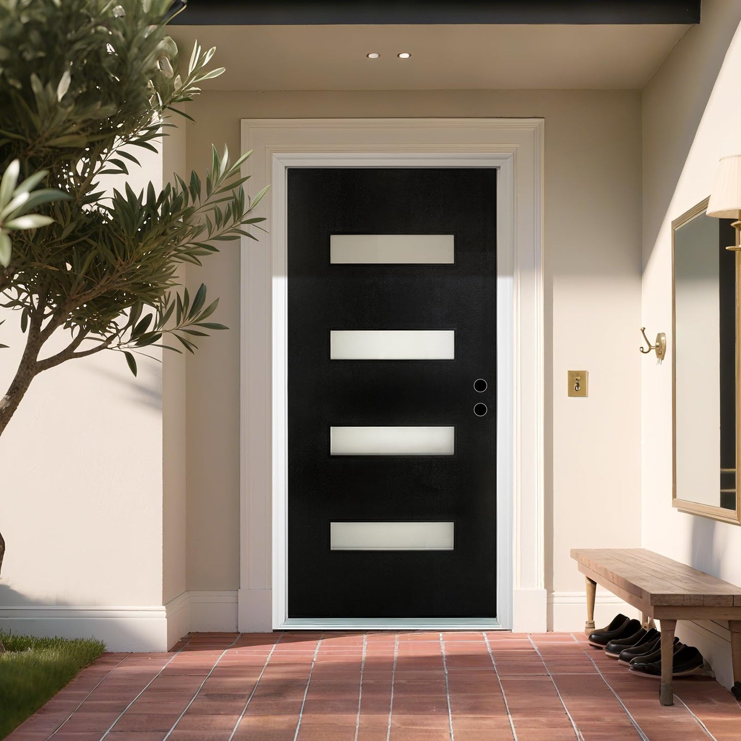 36 x 80 Fiberglass Entry Door with Brickmould, Black Finish Knock-Down Fiberglass Door with 4-9/16 Vinyl Frame, 4-Lite Frosted Glass - Contemporary Style for Home's Front Entrance Left Hand Inswing