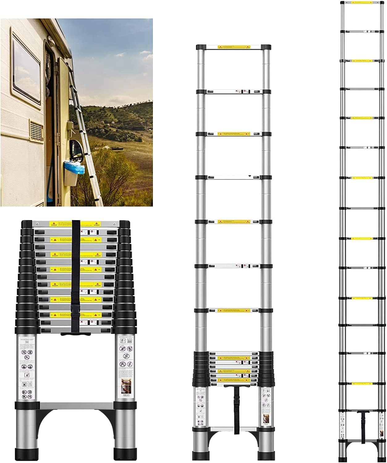 Dajianglx 15.5FT Telescoping Aluminum Extension Ladder with 2 Triangle Stabilizers, 330lbs Capacity, Multi-Purpose Collapsible for Home, Outdoor Work, Silver