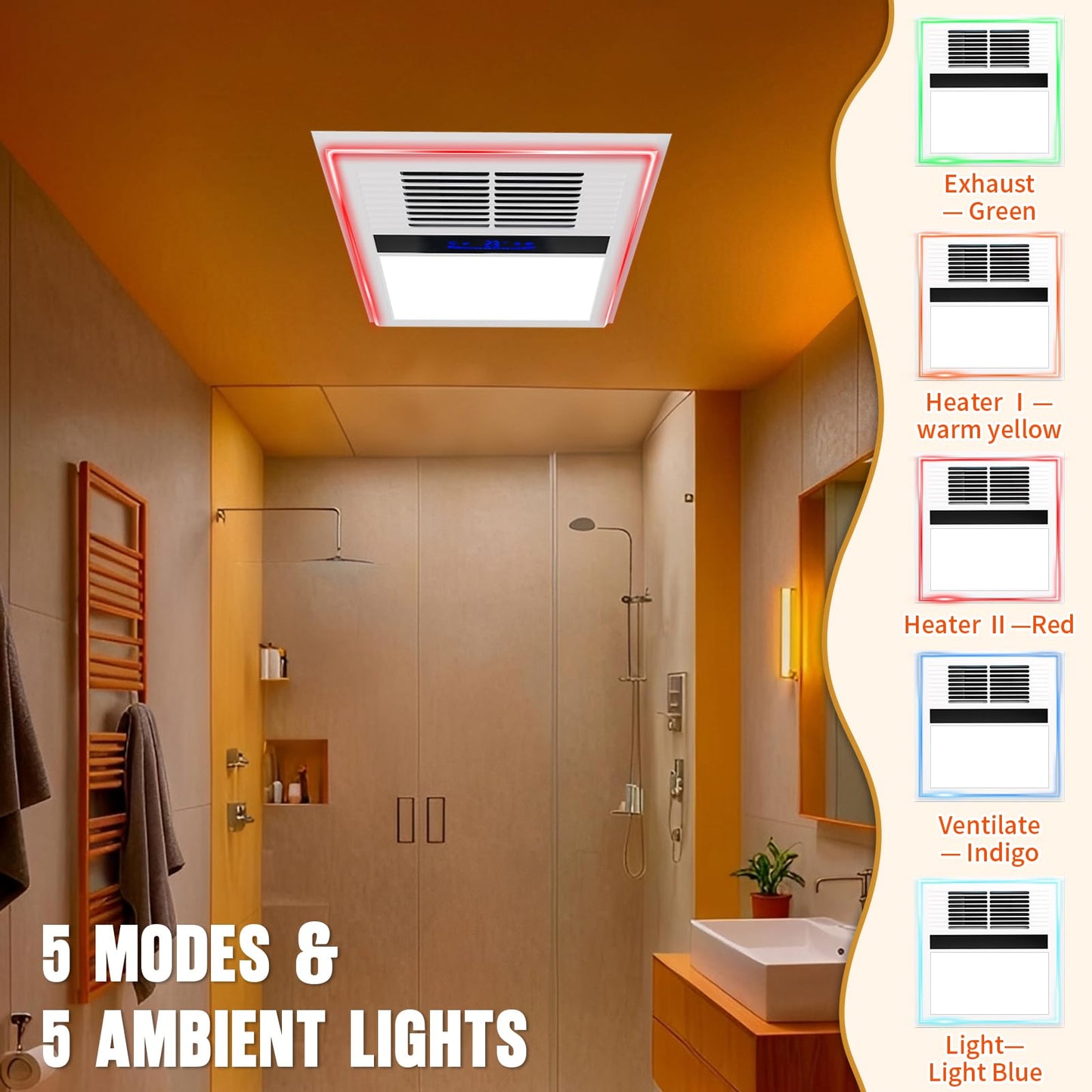 Fantspati 4 in 1 Bathroom Exhaust Fan with Heater and Light, 2800W Heater, 211CFM, 5-Color Mood Lighting, Low Noise, with Wall Control for Bathroom and Toilet