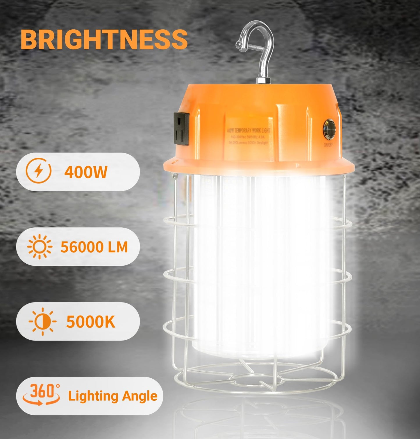 400W LED Temporary Work Light with ON/Off Switch & Hook, 56,000LM 5000K Daylight, Portable Hanging Construction Site Light for Jobsite, Warehouse, Workshop, Outdoor Projects