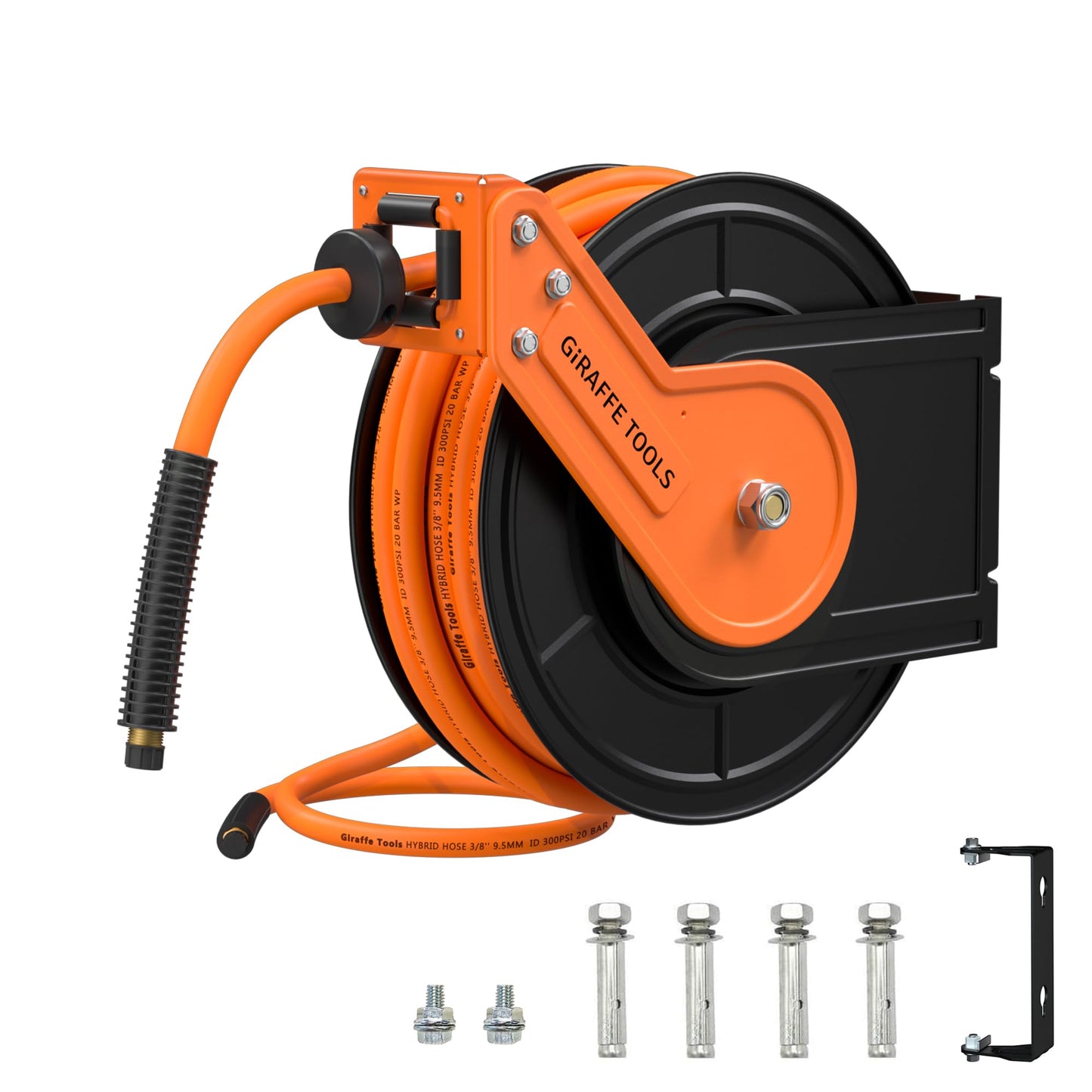 Giraffe Tools Retractable Air Hose Reel, 3/8" Hybrid Hose, Air Compressor Heavy Duty Steel Reel Auto Rewind 300PSI, Wall Mount with Swivel Bracket, 50ft