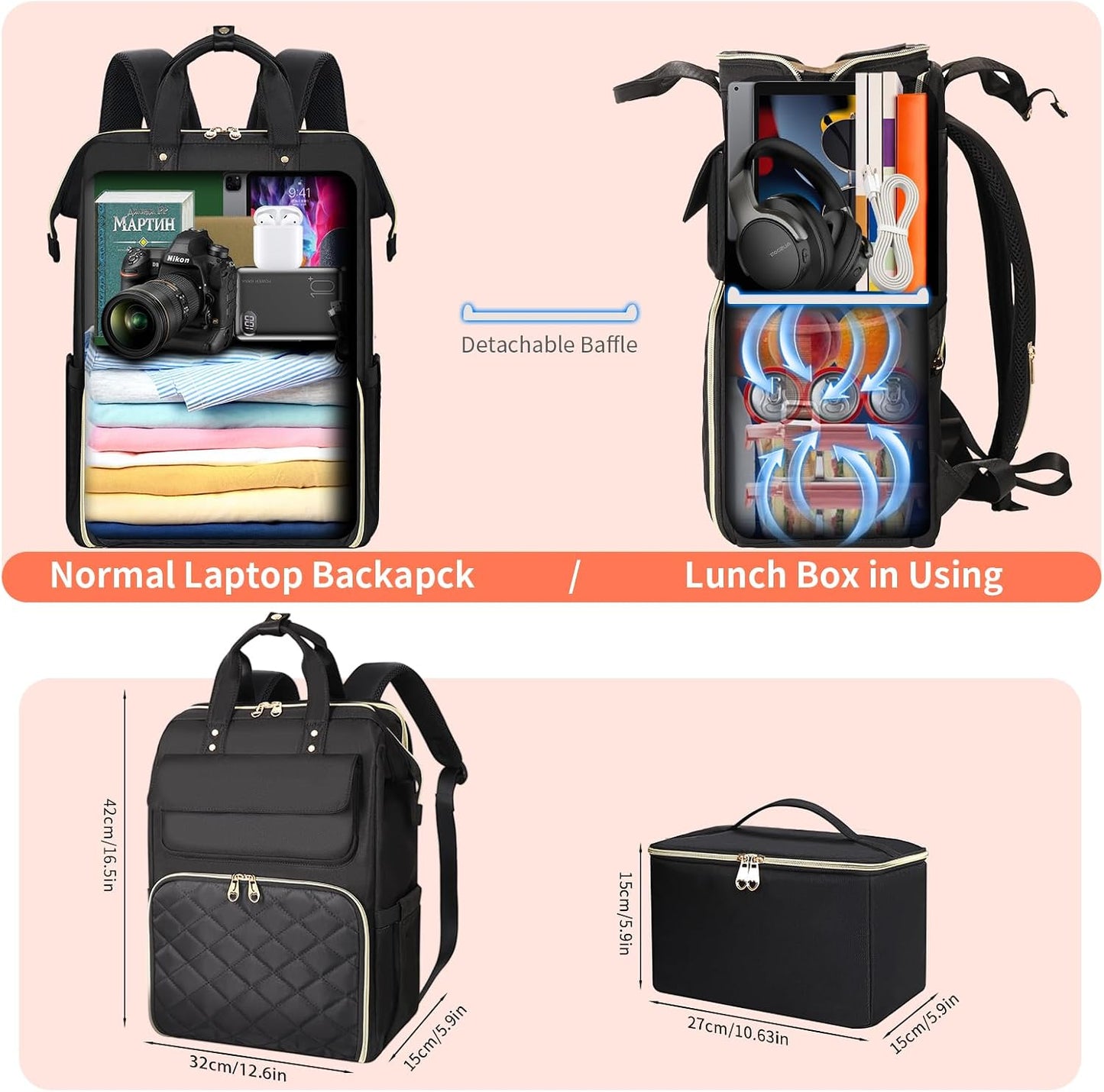 Backpack 17.3 Inch Backpack Backpack BERTASCHE Lunch for Women, Laptop with Insulated Cooler Lunch box, Nurse