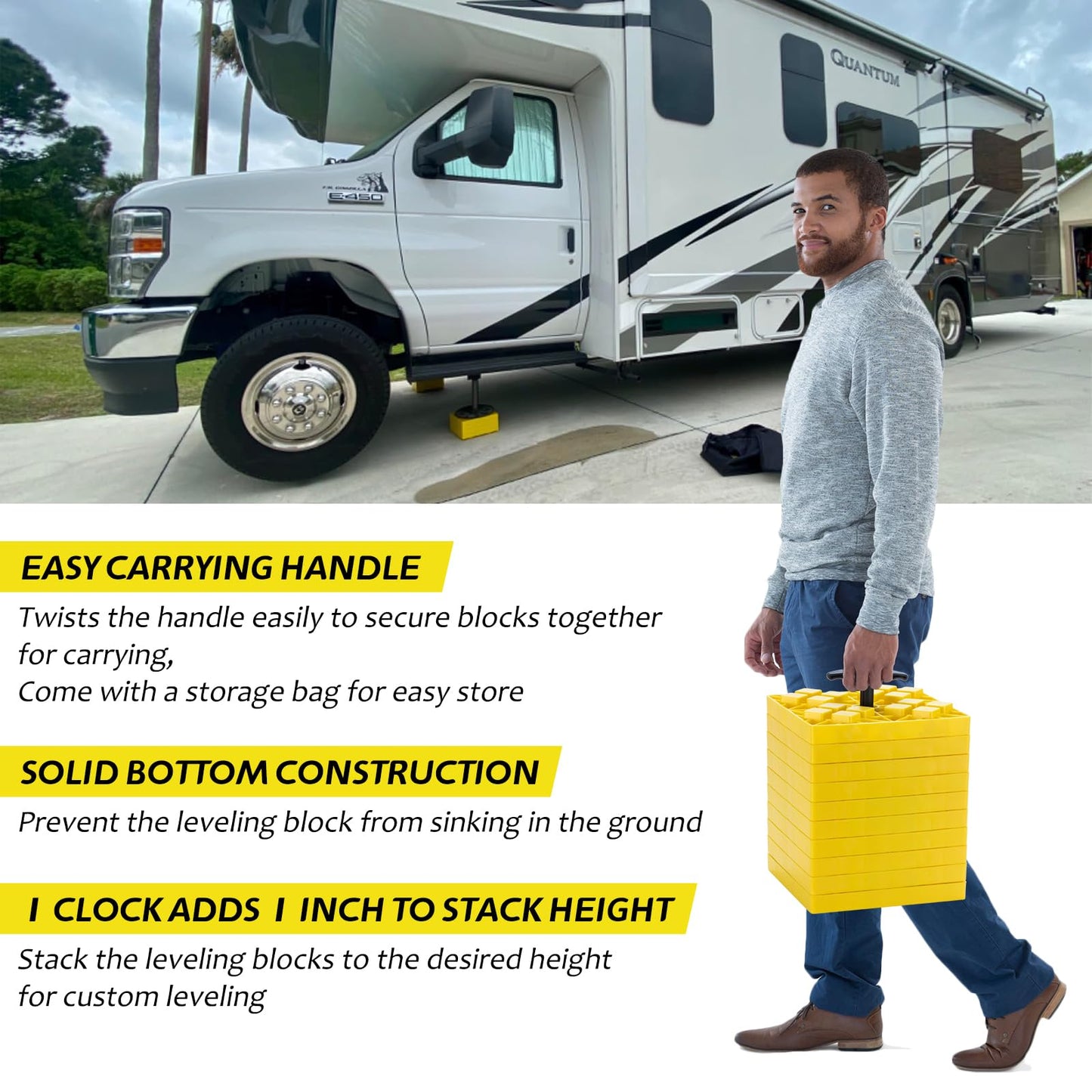 BYERNAUTO RV Leveling Blocks 10 Pack, Heavy Duty Camper Levels Blocks, Interlocking Leveling Blocks with Carrying Bag for Single and Dual Wheels Hydraulic Jacks Tongue Jacks Tandem axles Yellow
