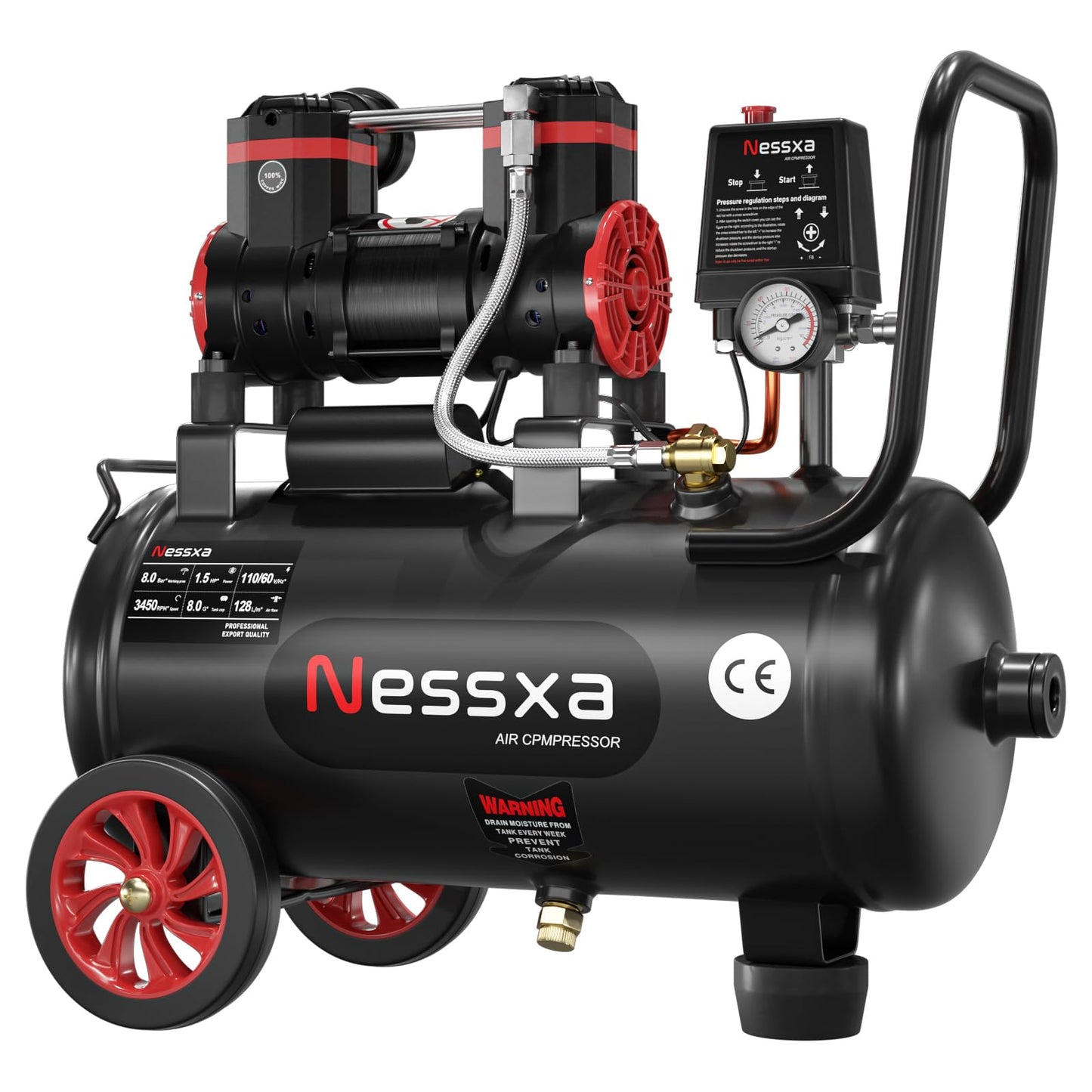 8 Gallon Ultra Quiet Air Compressor, 1.5HP 4.52 CFM, Max 115 PSI Oil-Free Air Compressor Tank for Car Repair, Spray Painting, Woodwork Nailing, 110V/60hz, 70dB