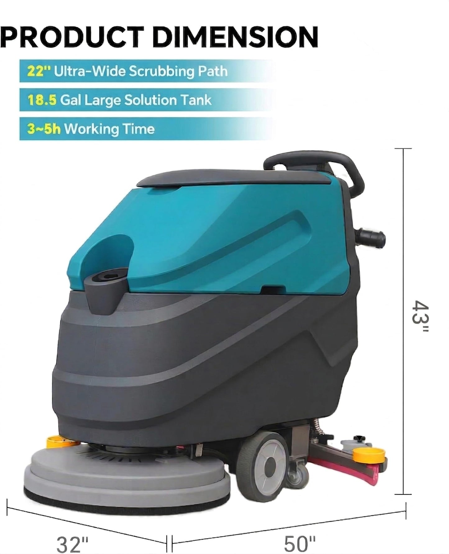 Walk Behind Commercial Floor Scrubber Machine, 22" Cleaning and 33" Suction Width, 18.5-Gal Sewage and 15.9-Gal Water Tank, 32000 Sqft/h, Cordless, Complete Set of Parts