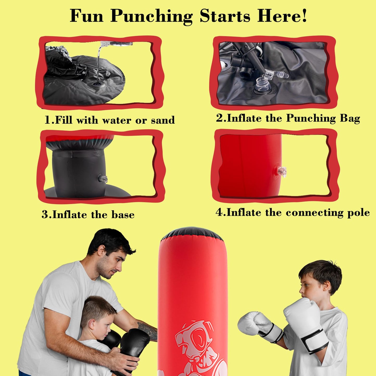 DIMAR GARDEN Inflatable Floor Punching Bag for Kids, 64 Inch Boxing Bag for Karate & Taekwondo Practice, Red